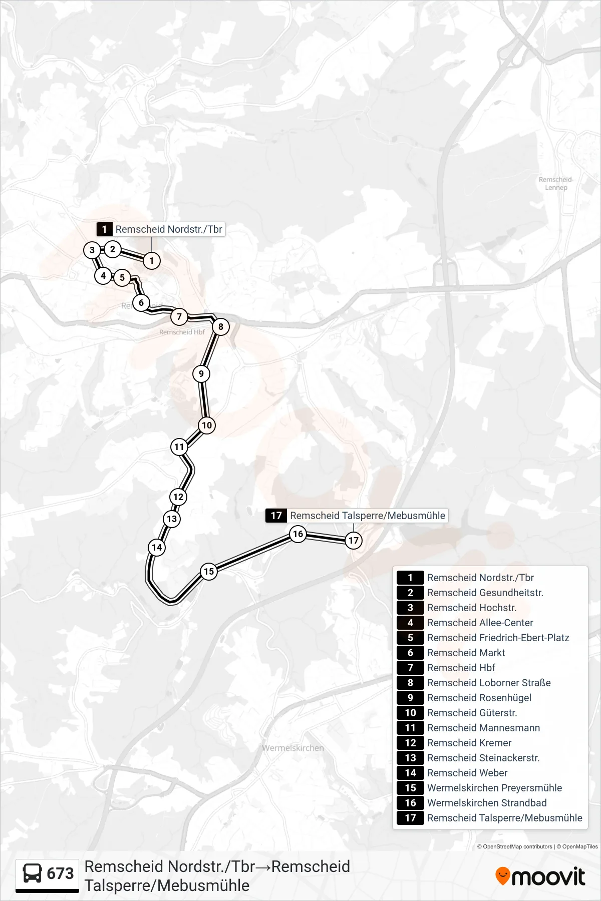 Linie 673 (Bus) Richtung Remscheid Nordstr./Tbr→Remscheid Talsperre/Mebusmühle: Route und Haltestellen auf der Karte