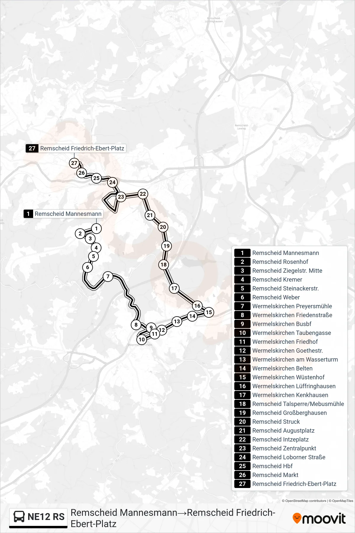Linie NE12 RS (Bus) Richtung Remscheid Mannesmann→Remscheid Friedrich-Ebert-Platz: Route und Haltestellen auf der Karte