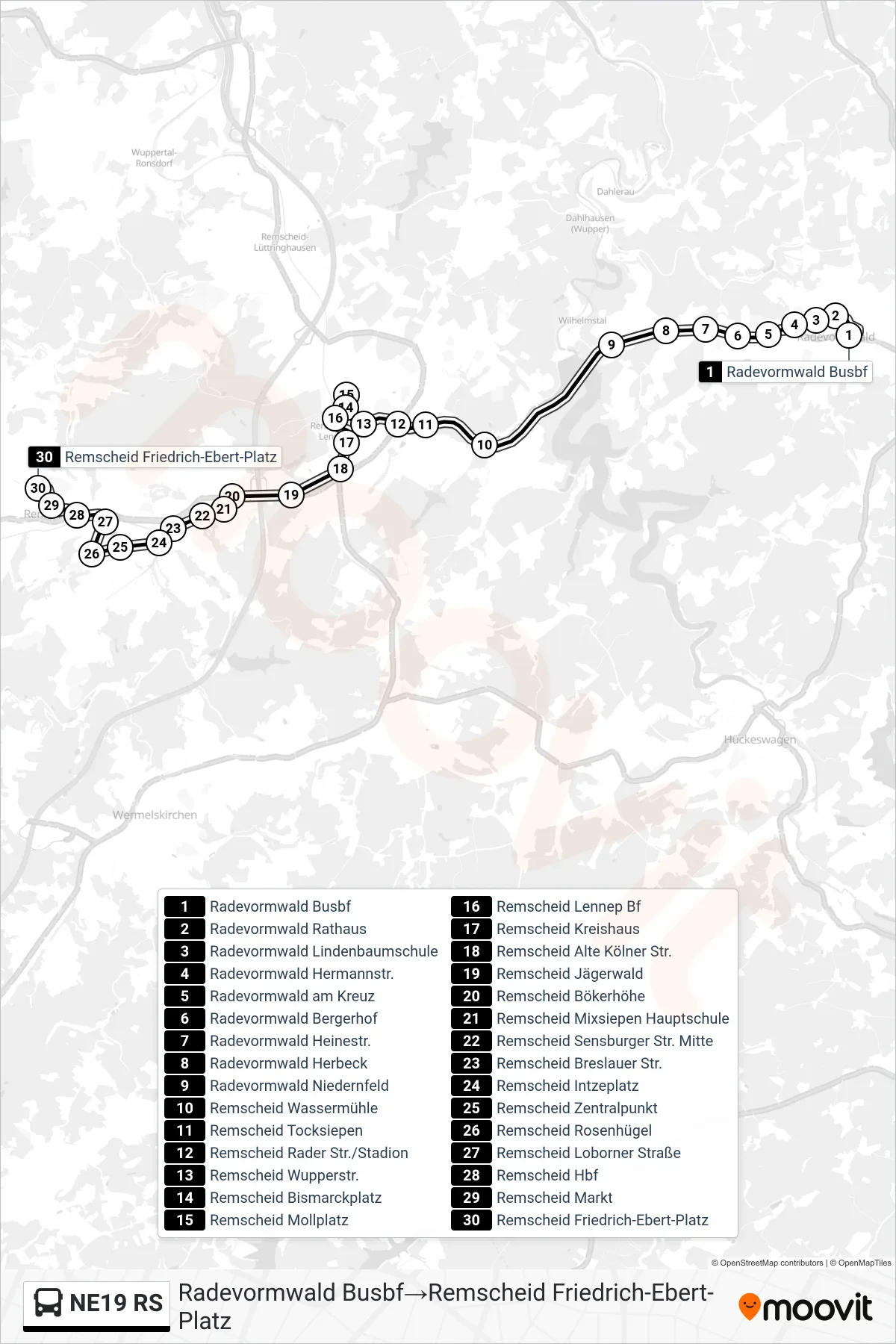NE19 RS bus Line (Radevormwald Busbf→Remscheid Friedrich-Ebert-Platz) route and stops on a map