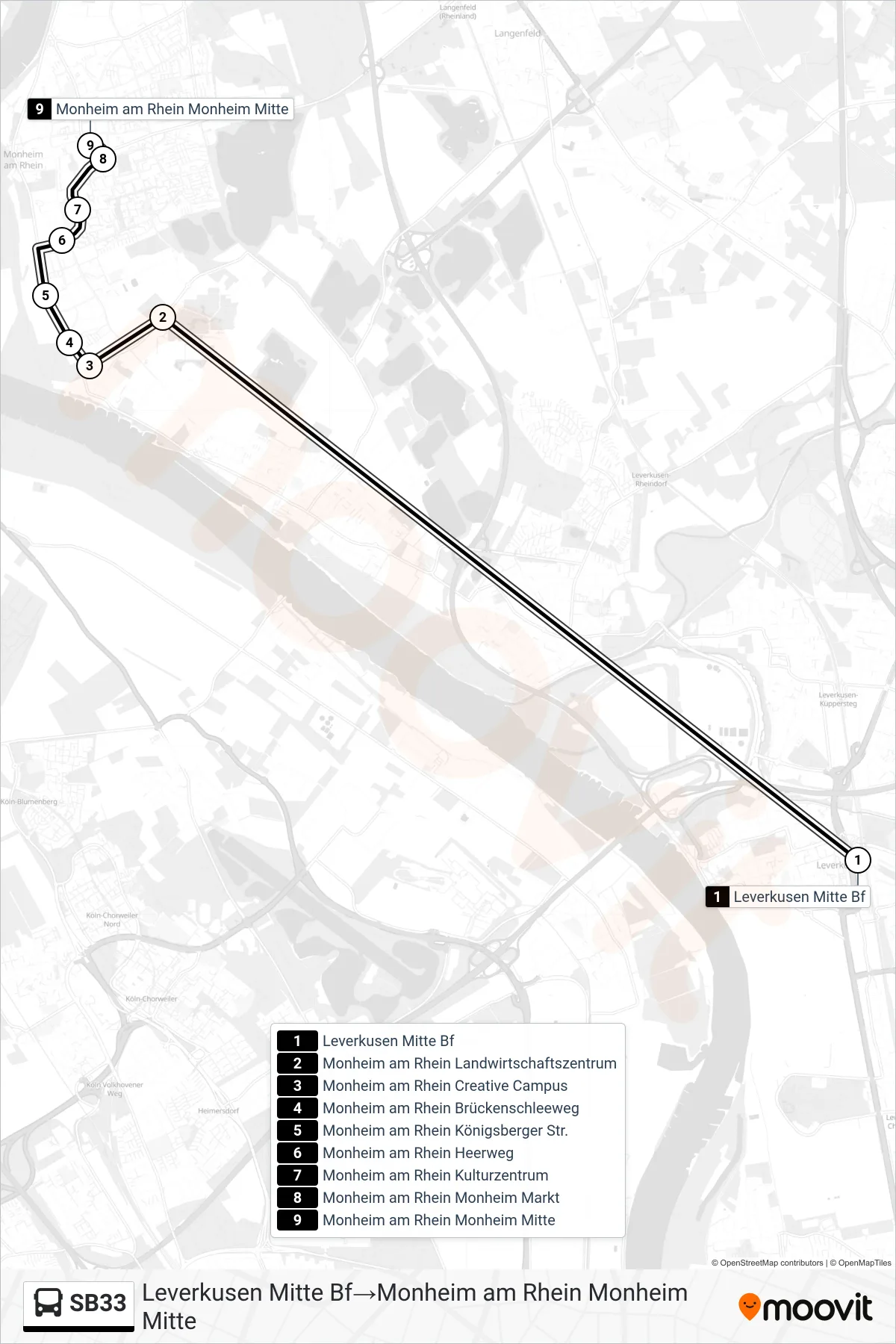 Linie SB33 (Bus) Richtung Leverkusen Mitte Bf→Monheim am Rhein Monheim Mitte: Route und Haltestellen auf der Karte