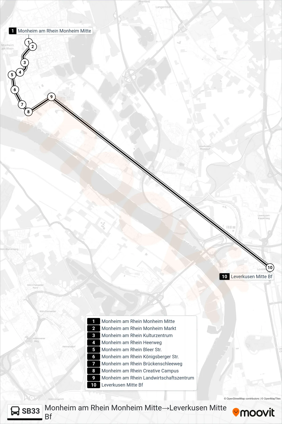 Linie SB33 (Bus) Richtung Monheim am Rhein Monheim Mitte→Leverkusen Mitte Bf: Route und Haltestellen auf der Karte
