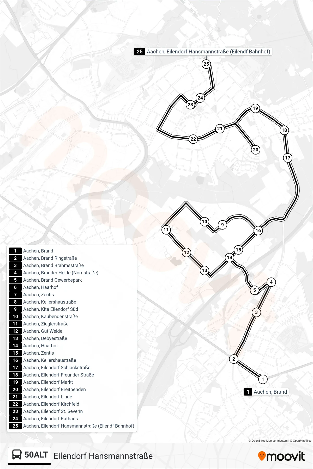 Linie 50ALT (Bus) Richtung Eilendorf Hansmannstraße: Route und Haltestellen auf der Karte