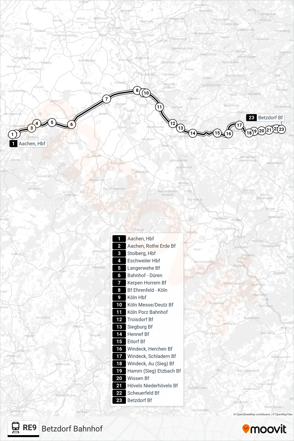 Linie RE9 (Bahn) Richtung Betzdorf Bahnhof: Route und Haltestellen auf der Karte