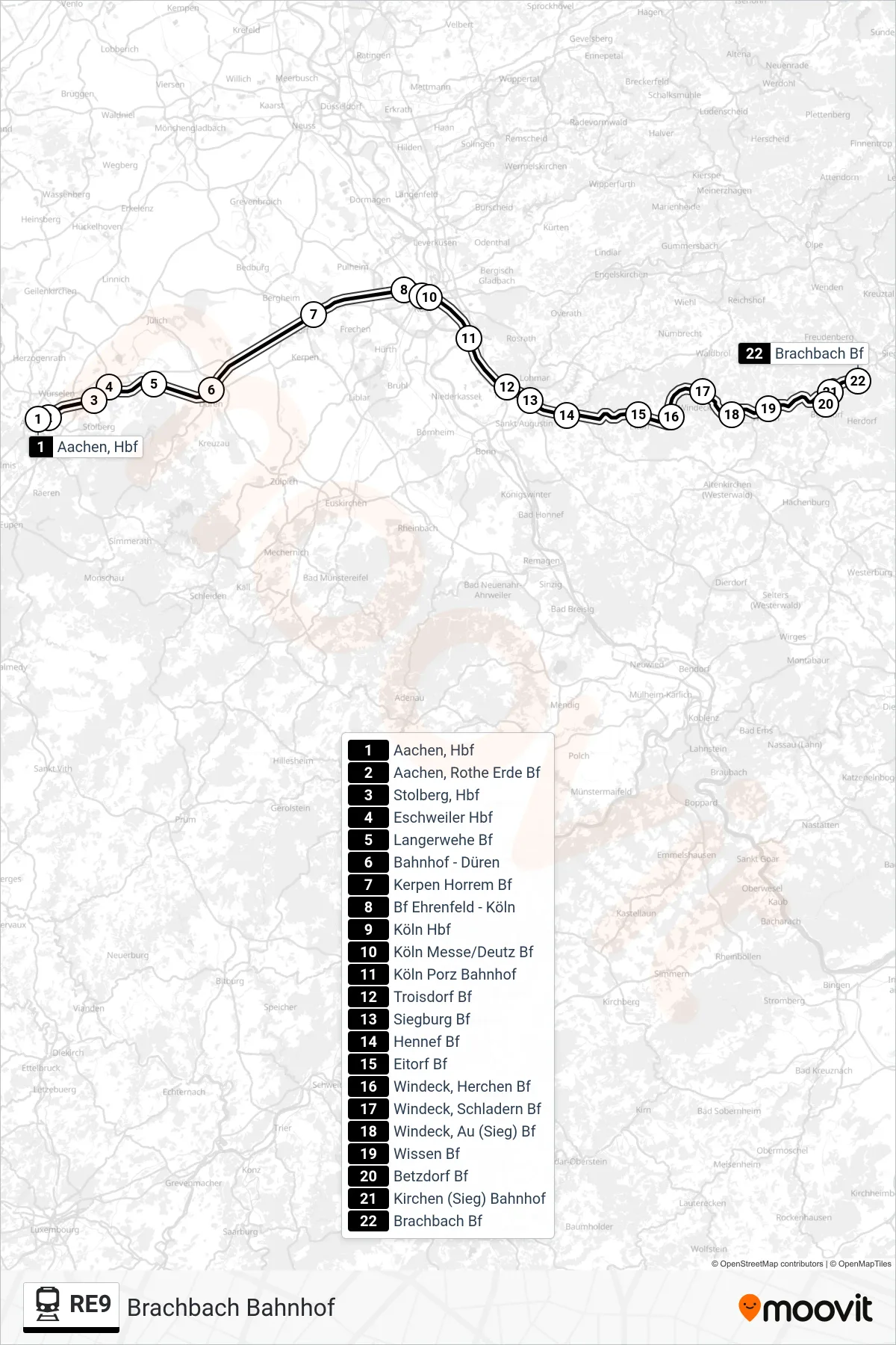 RE9 rail Line (Brachbach Bahnhof) route and stops on a map