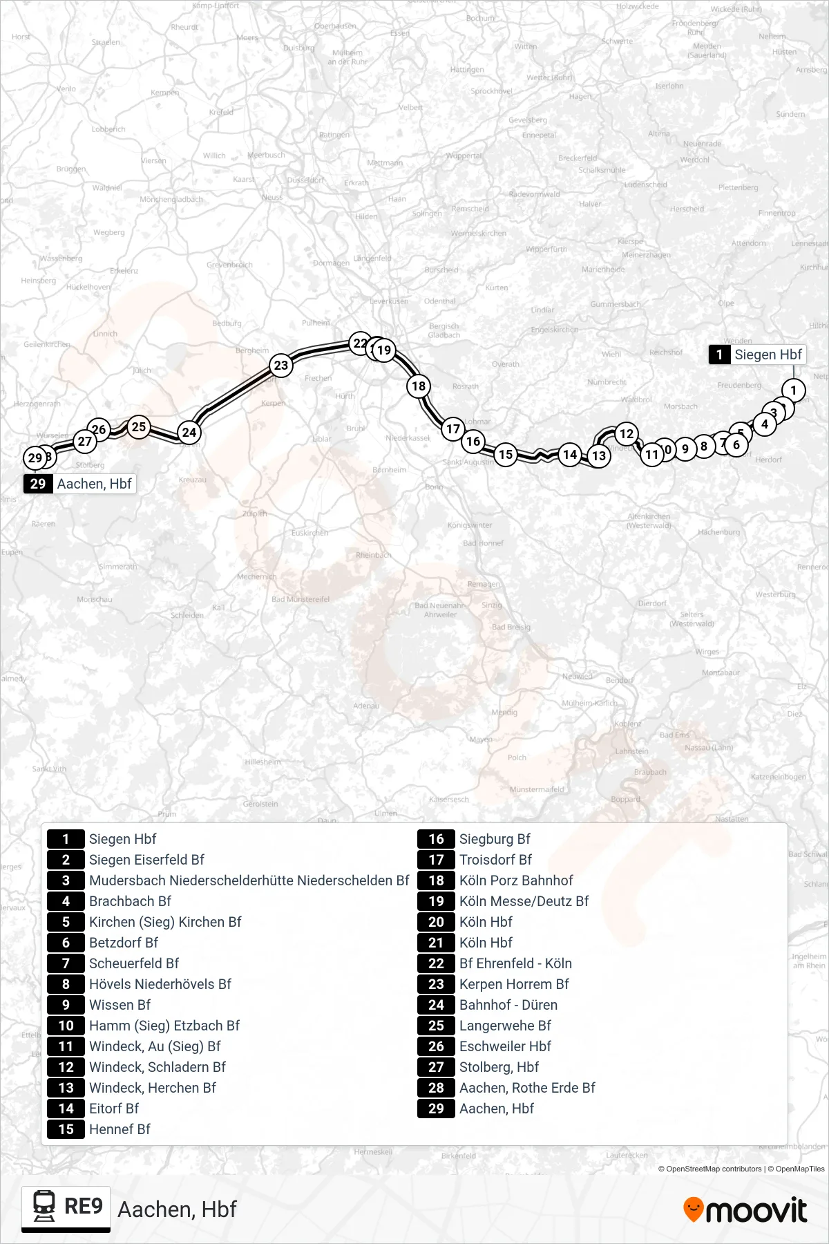 Linie RE9 (Bahn) Richtung Aachen, Hbf: Route und Haltestellen auf der Karte