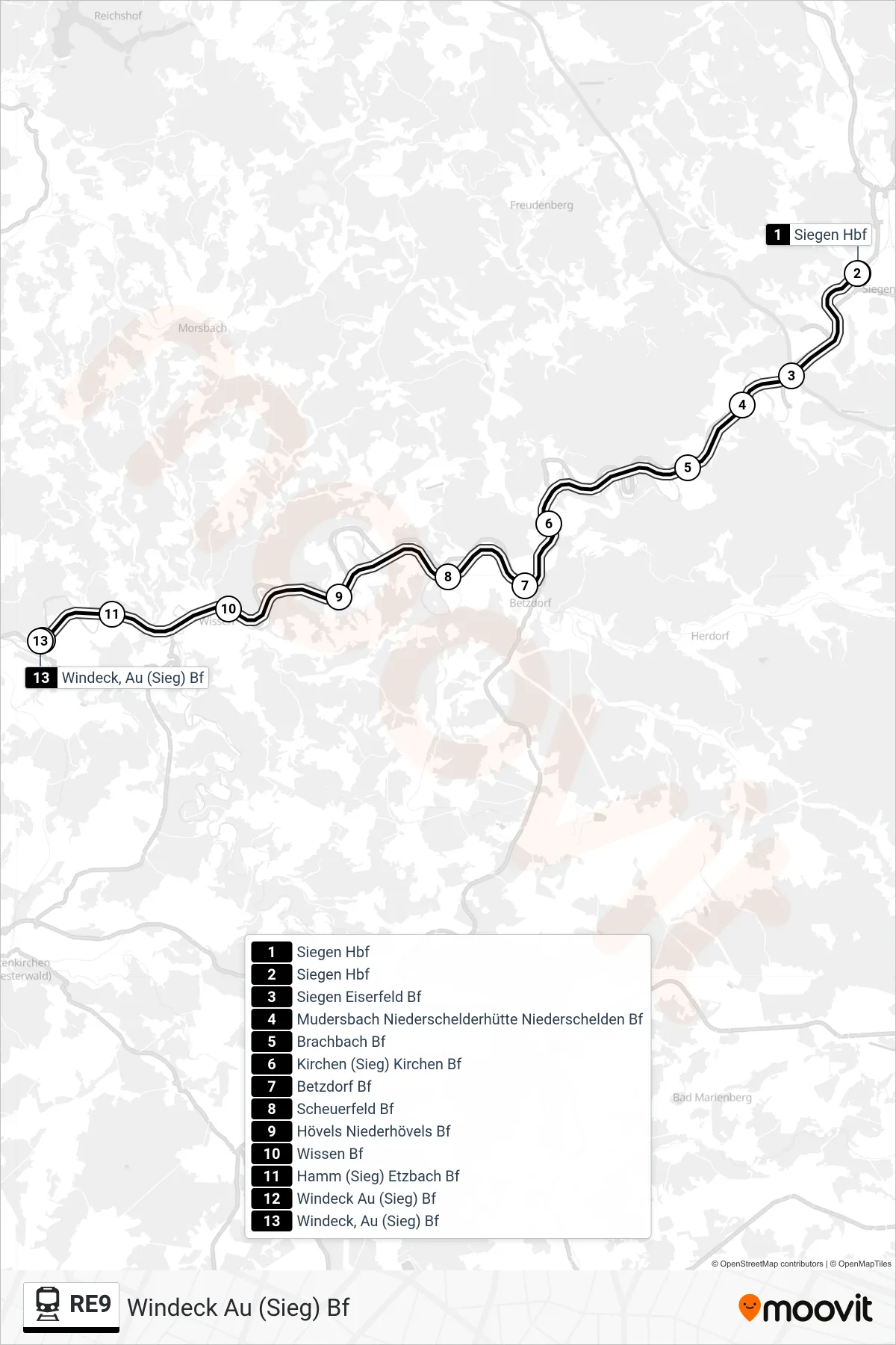 Linie RE9 (Bahn) Richtung Windeck Au (Sieg) Bf: Route und Haltestellen auf der Karte