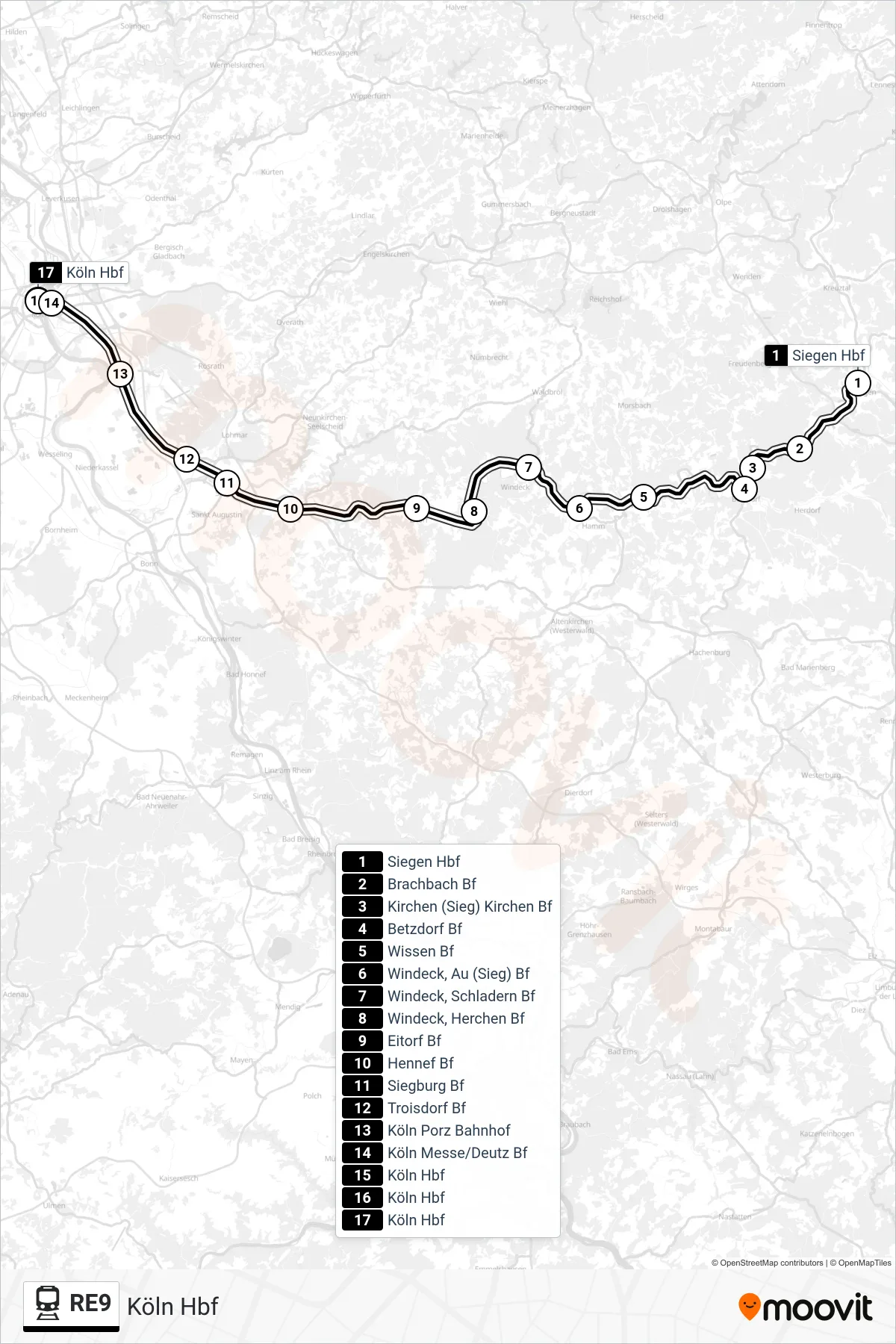 Linie RE9 (Bahn) Richtung Köln Hbf: Route und Haltestellen auf der Karte