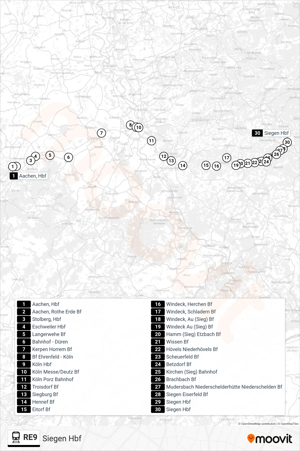 Linie RE9 (Bahn) Richtung Siegen Hbf: Route und Haltestellen auf der Karte