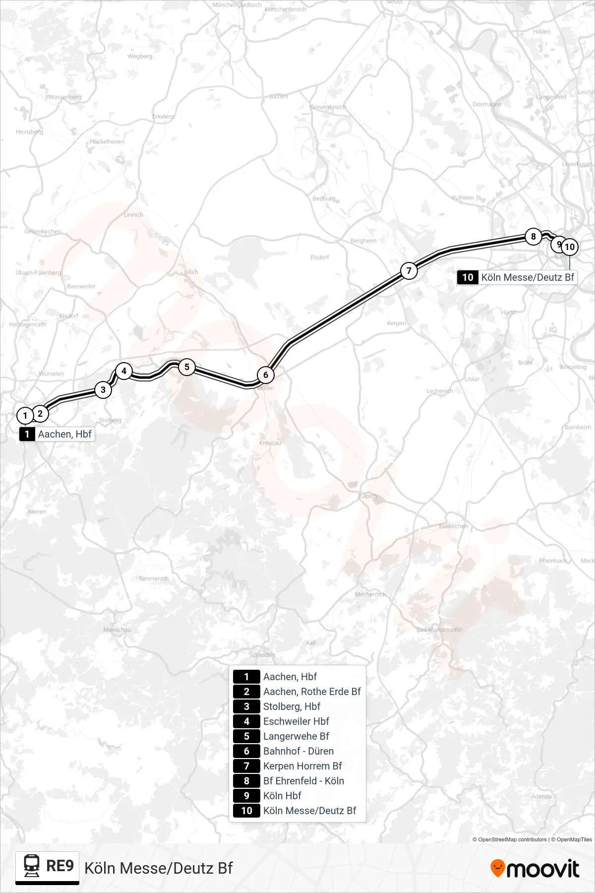 RE9 train Line (Köln Messe/Deutz Bf) route and stops on a map