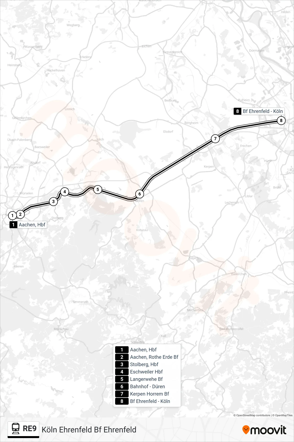 Linie RE9 (Bahn) Richtung Köln Ehrenfeld Bf Ehrenfeld: Route und Haltestellen auf der Karte