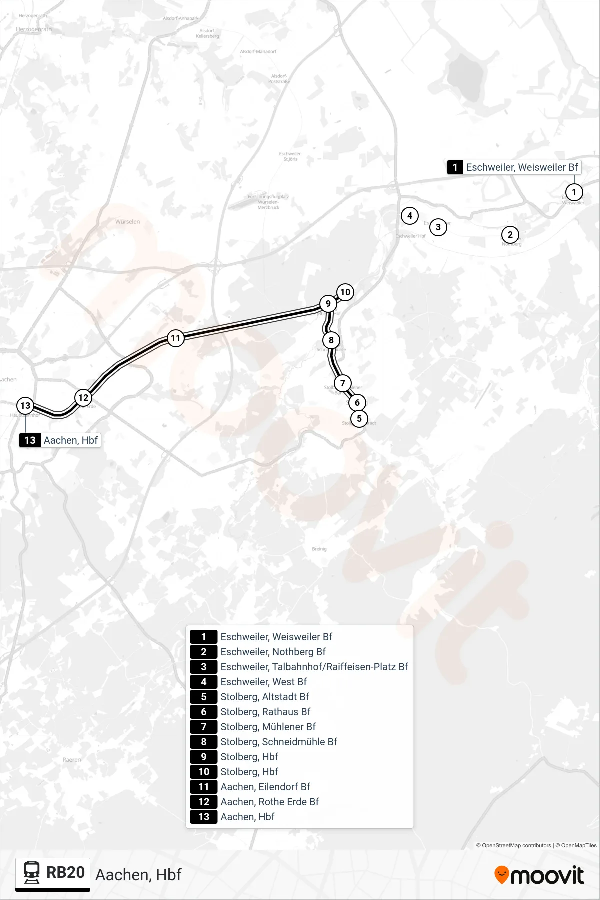 RB20 rail Line (Aachen, Hbf) route and stops on a map