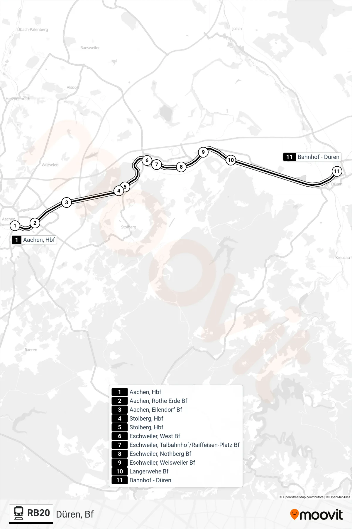 Linie RB20 (Bahn) Richtung Düren, Bf: Route und Haltestellen auf der Karte