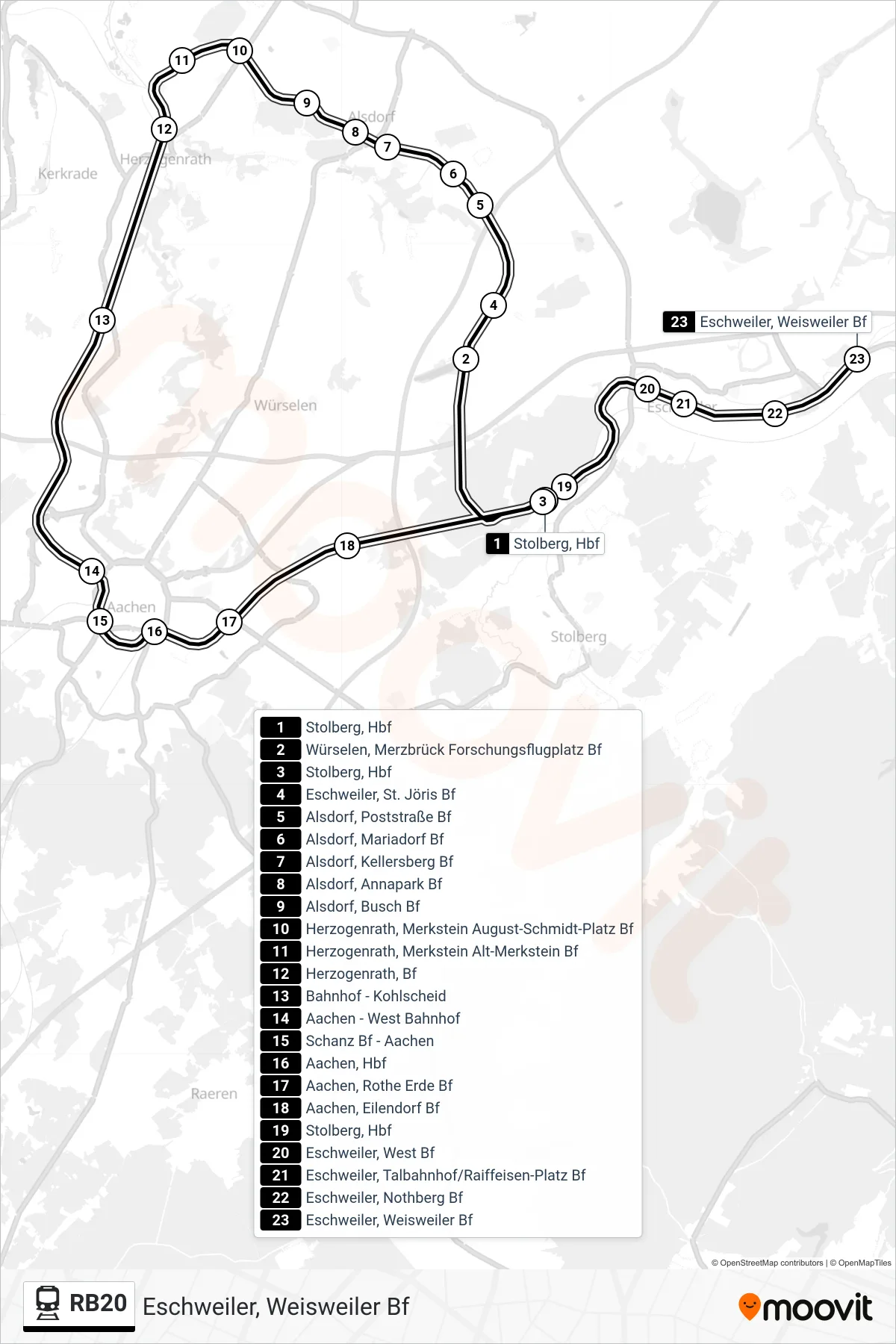 RB20 train Line (Eschweiler, Weisweiler Bf) route and stops on a map
