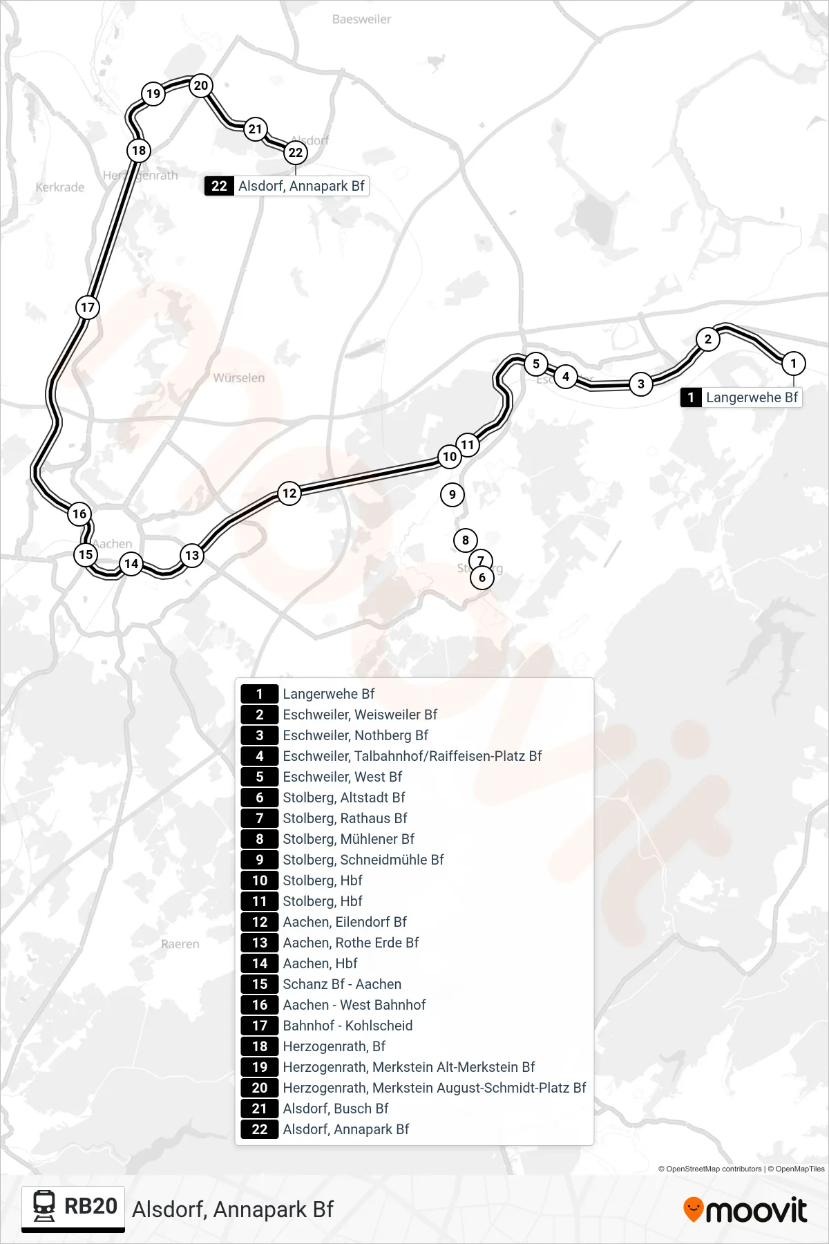 Linie RB20 (Bahn) Richtung Alsdorf, Annapark Bf: Route und Haltestellen auf der Karte