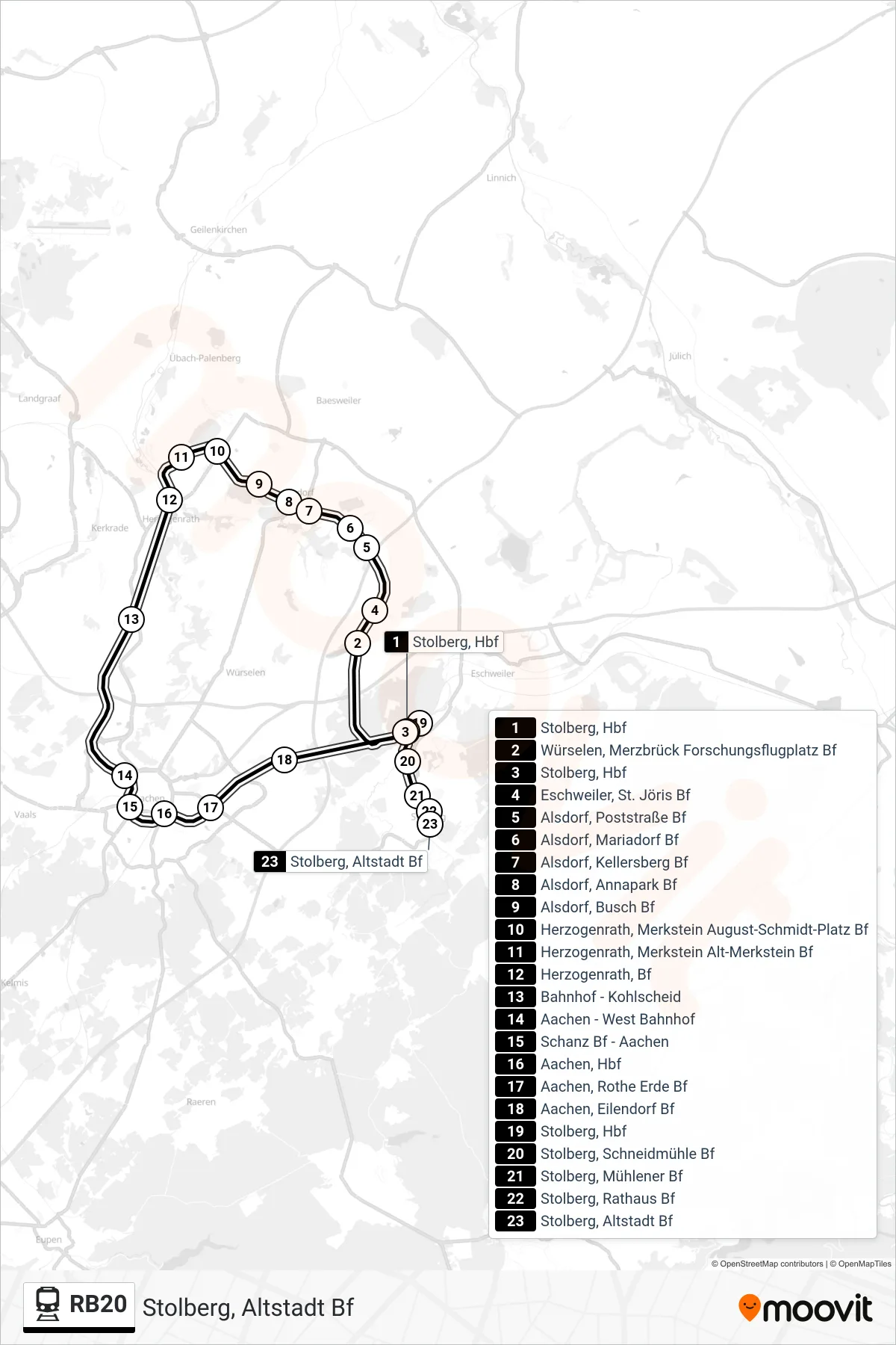 RB20 train Line (Stolberg, Altstadt Bf) route and stops on a map