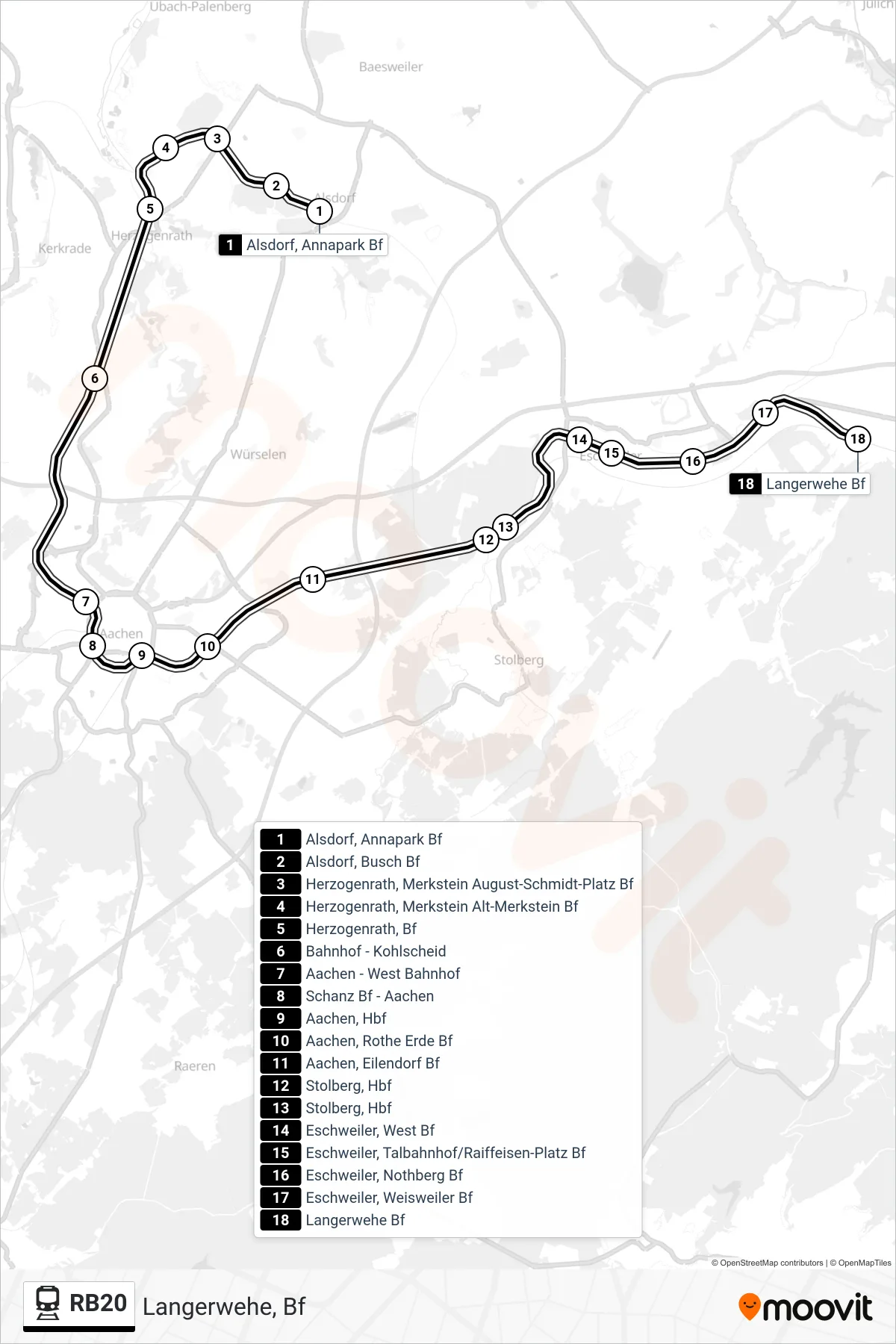 RB20 train Line (Langerwehe, Bf) route and stops on a map