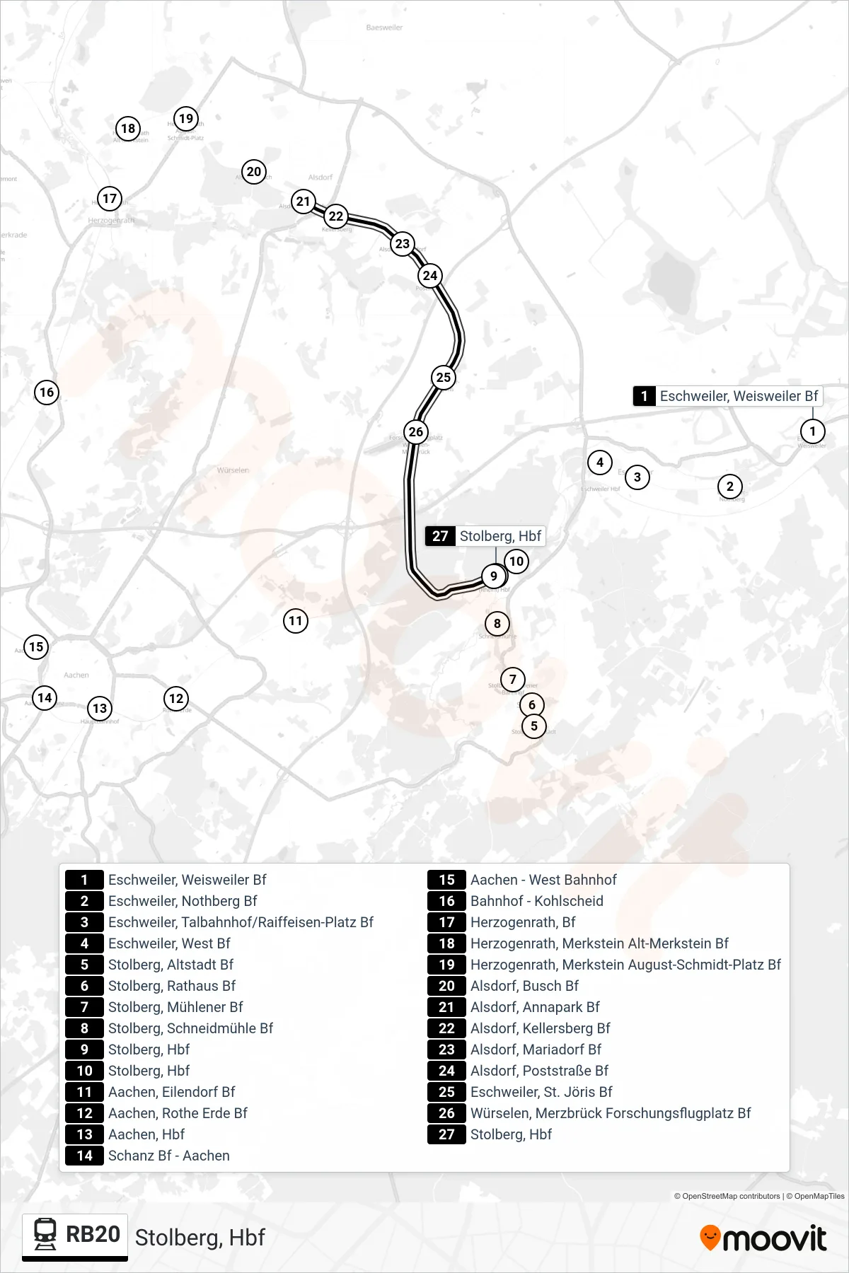 RB20 train Line (Stolberg, Hbf) route and stops on a map