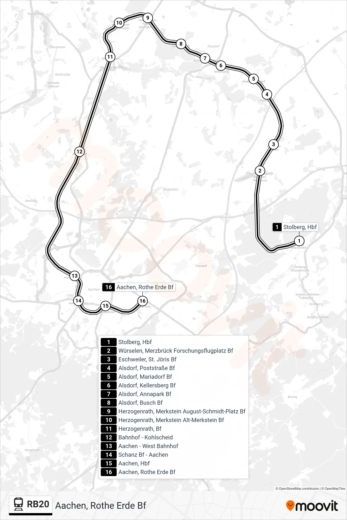 RB20 rail Line (Aachen, Rothe Erde Bf) route and stops on a map