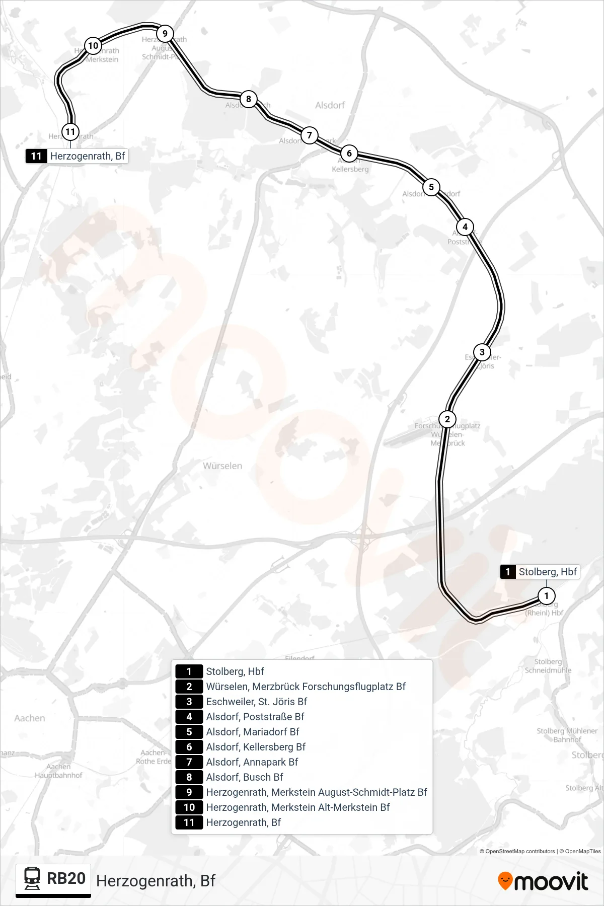 Linie RB20 (Bahn) Richtung Herzogenrath, Bf: Route und Haltestellen auf der Karte