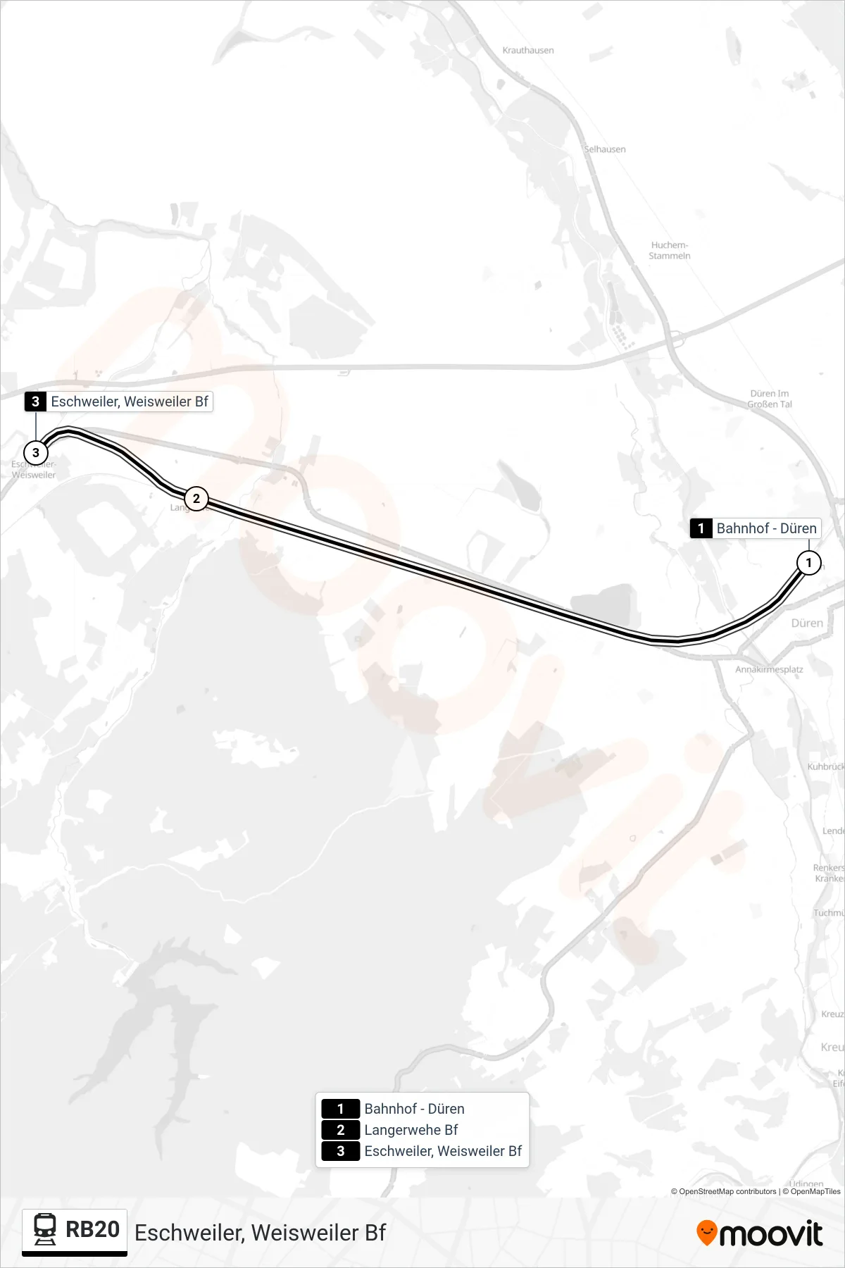 RB20 rail Line (Eschweiler, Weisweiler Bf) route and stops on a map