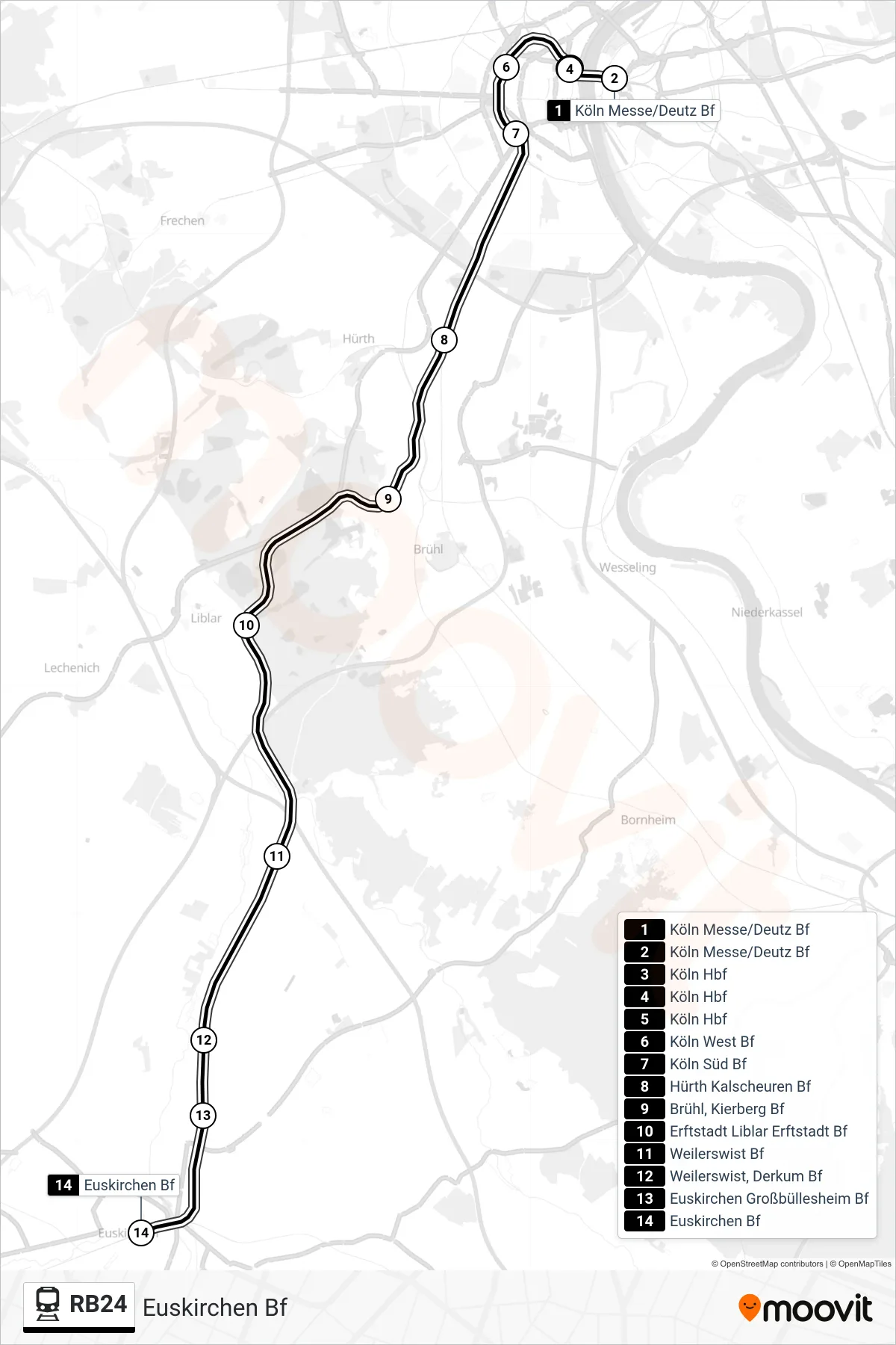 RB24 train Line (Euskirchen Bf) route and stops on a map
