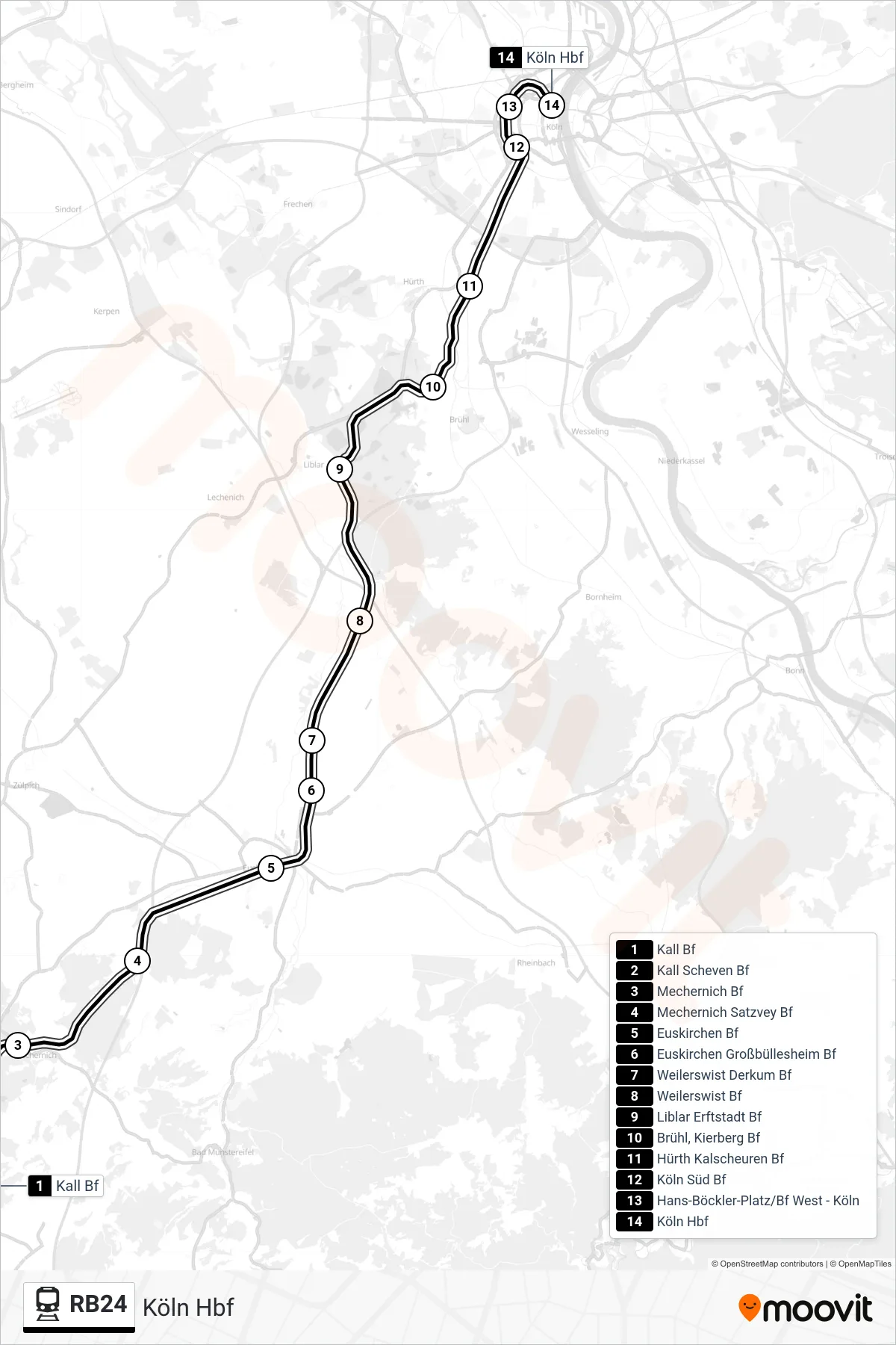 RB24 train Line (Köln Hbf) route and stops on a map