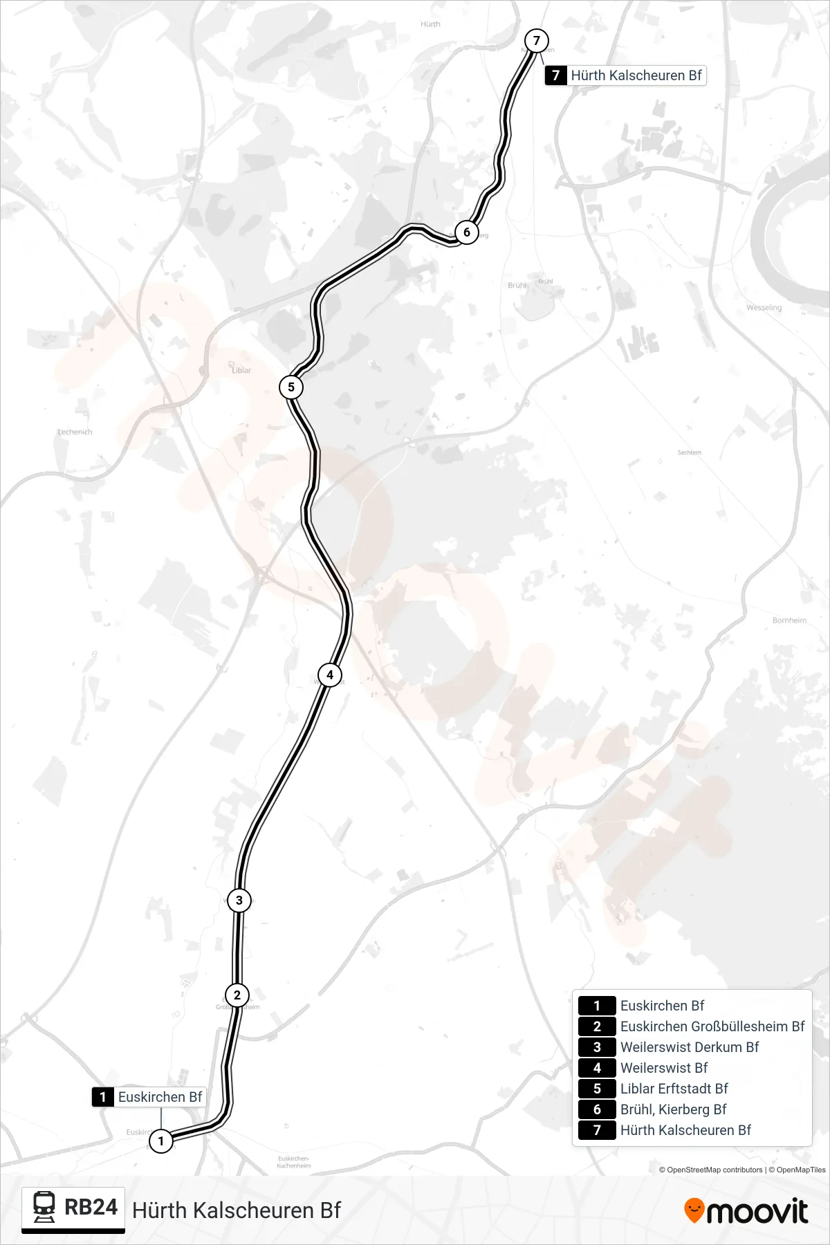 Linie RB24 (Bahn) Richtung Hürth Kalscheuren Bf: Route und Haltestellen auf der Karte