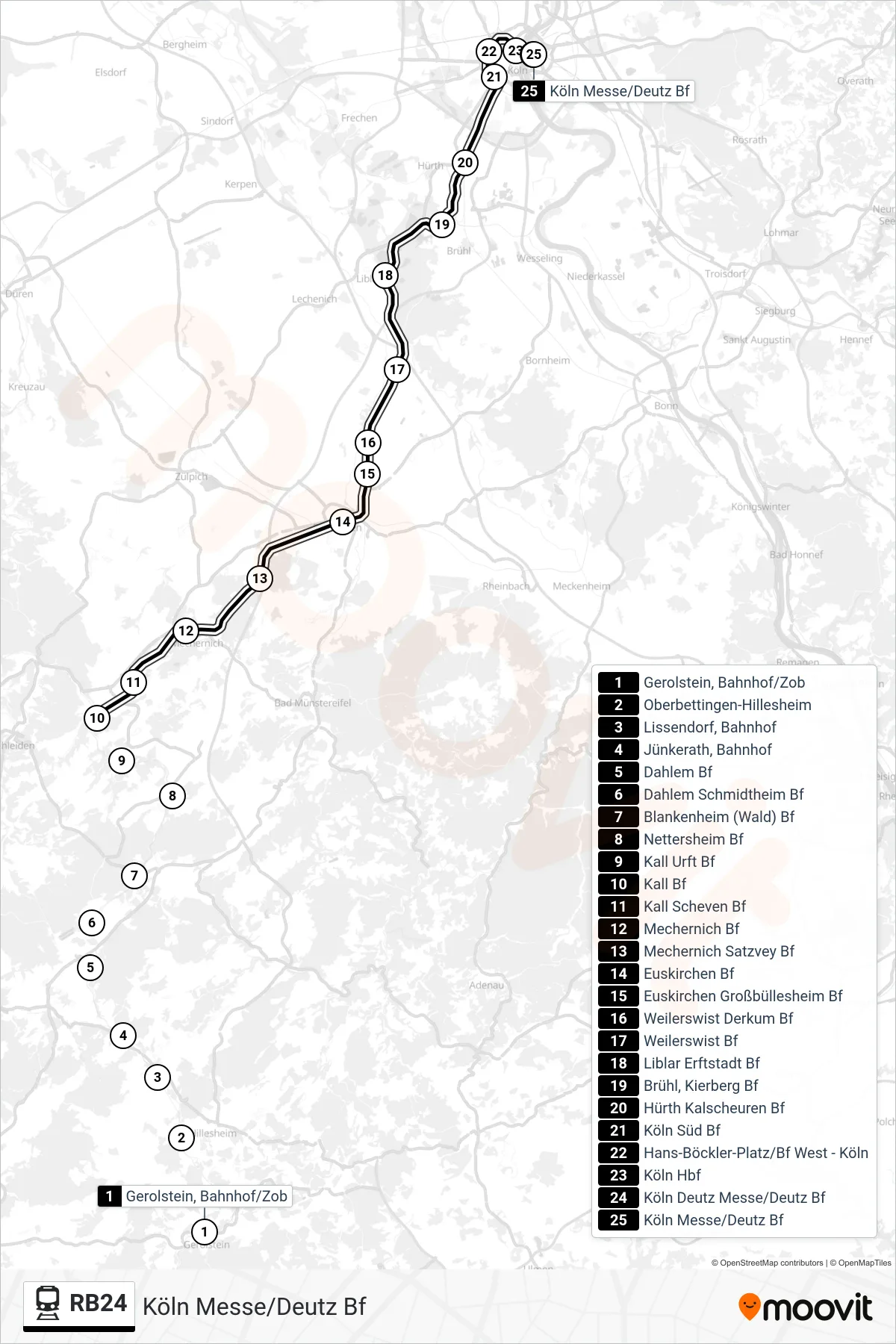 RB24 rail Line (Köln Messe/Deutz Bf) route and stops on a map