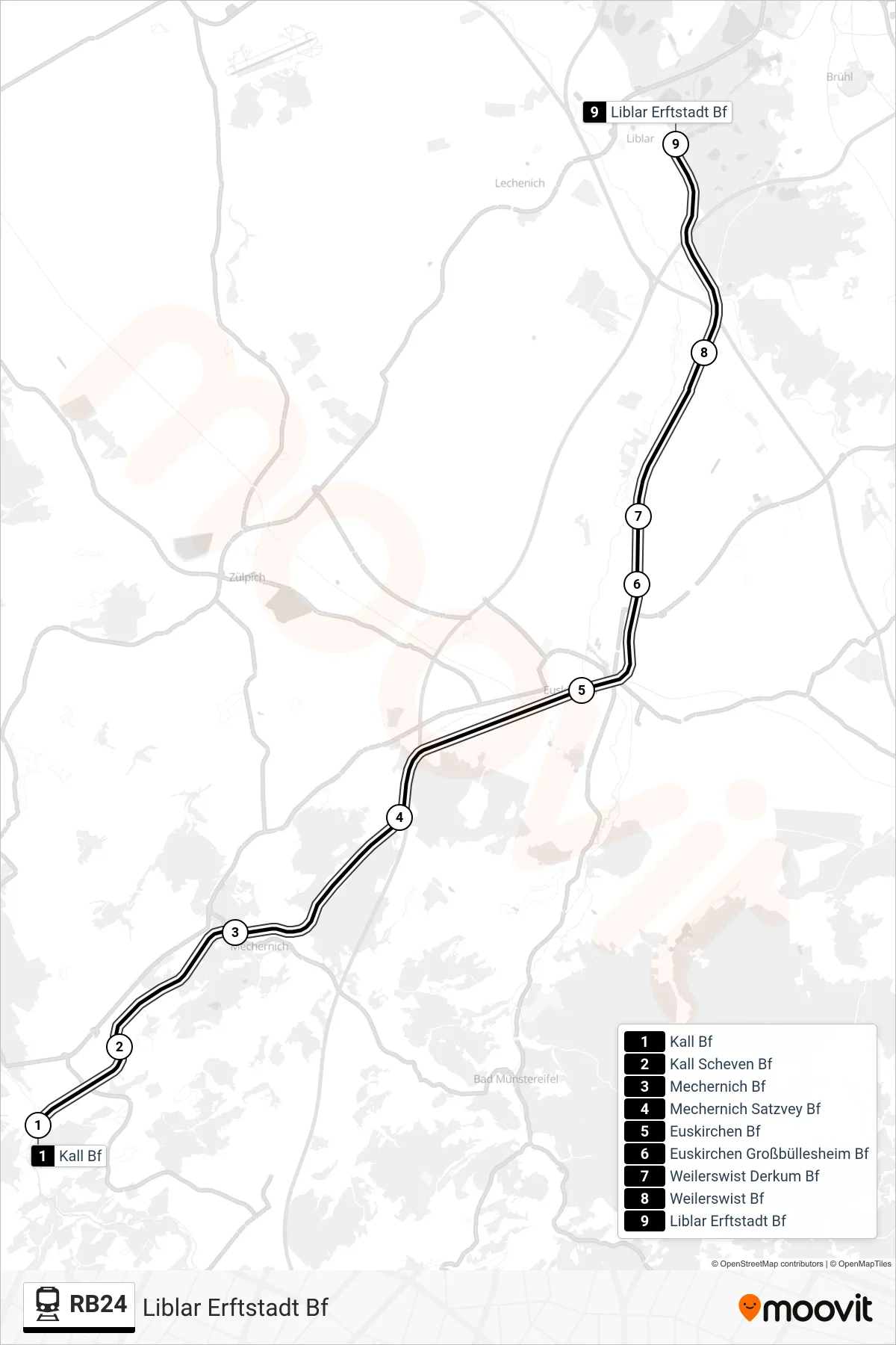 Linie RB24 (Bahn) Richtung Liblar Erftstadt Bf: Route und Haltestellen auf der Karte