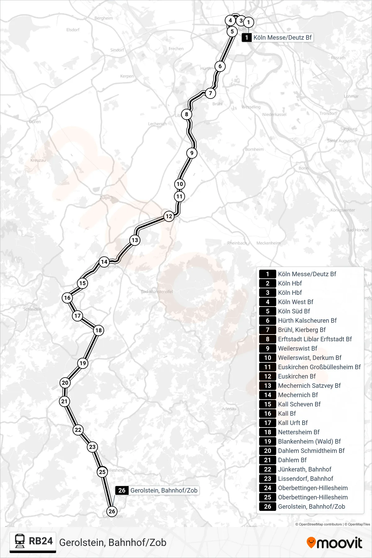 RB24 rail Line (Gerolstein, Bahnhof/Zob) route and stops on a map