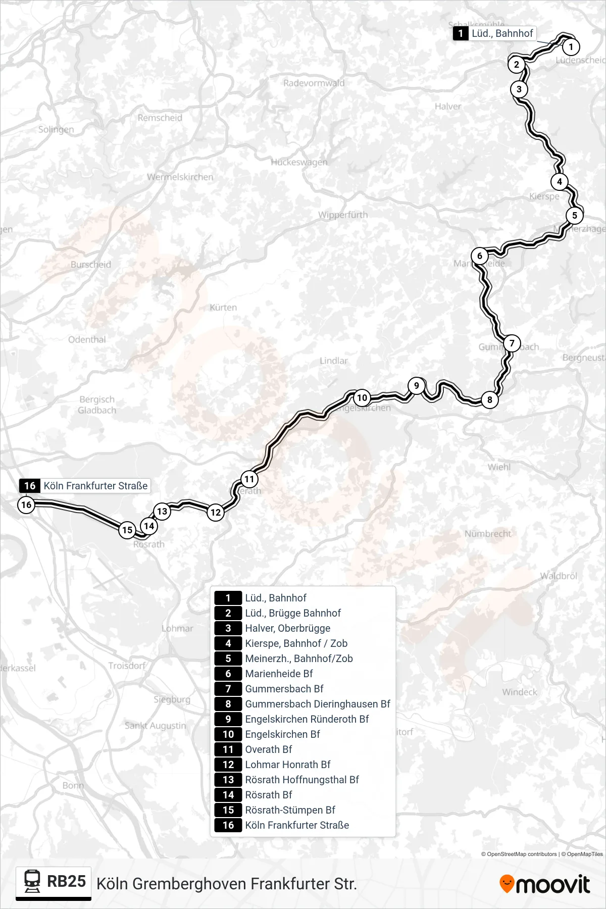RB25 train Line (Köln Gremberghoven Frankfurter Str.) route and stops on a map