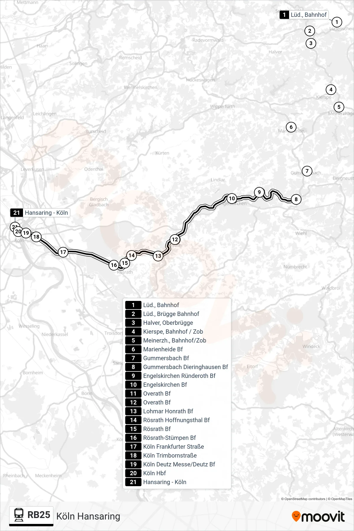 RB25 rail Line (Köln Hansaring) route and stops on a map