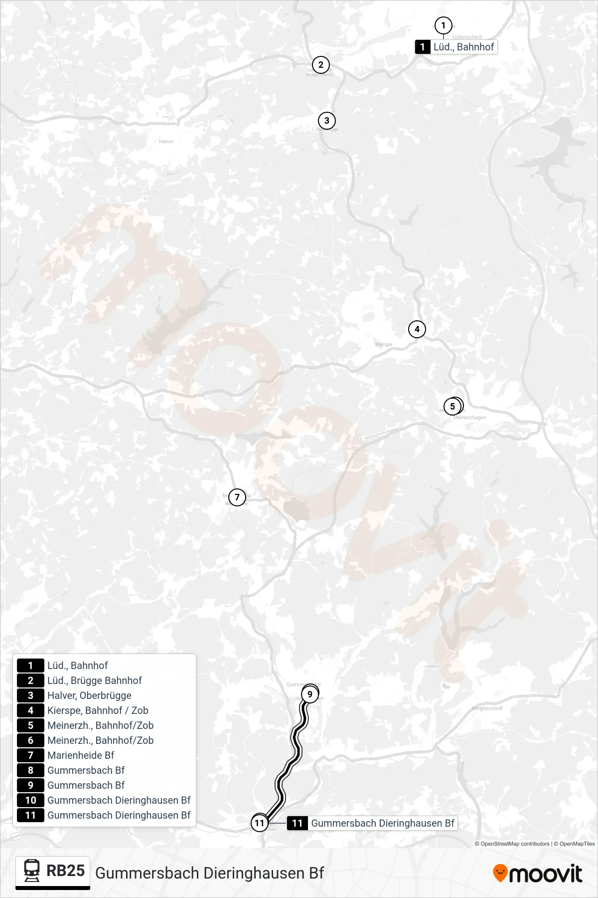RB25 rail Line (Gummersbach Dieringhausen Bf) route and stops on a map