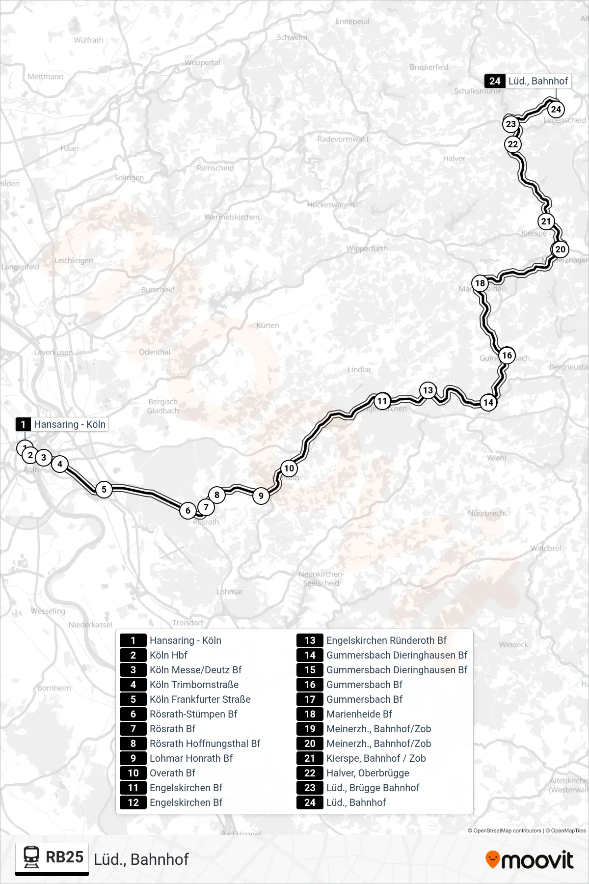 RB25 train Line (Lüd., Bahnhof) route and stops on a map