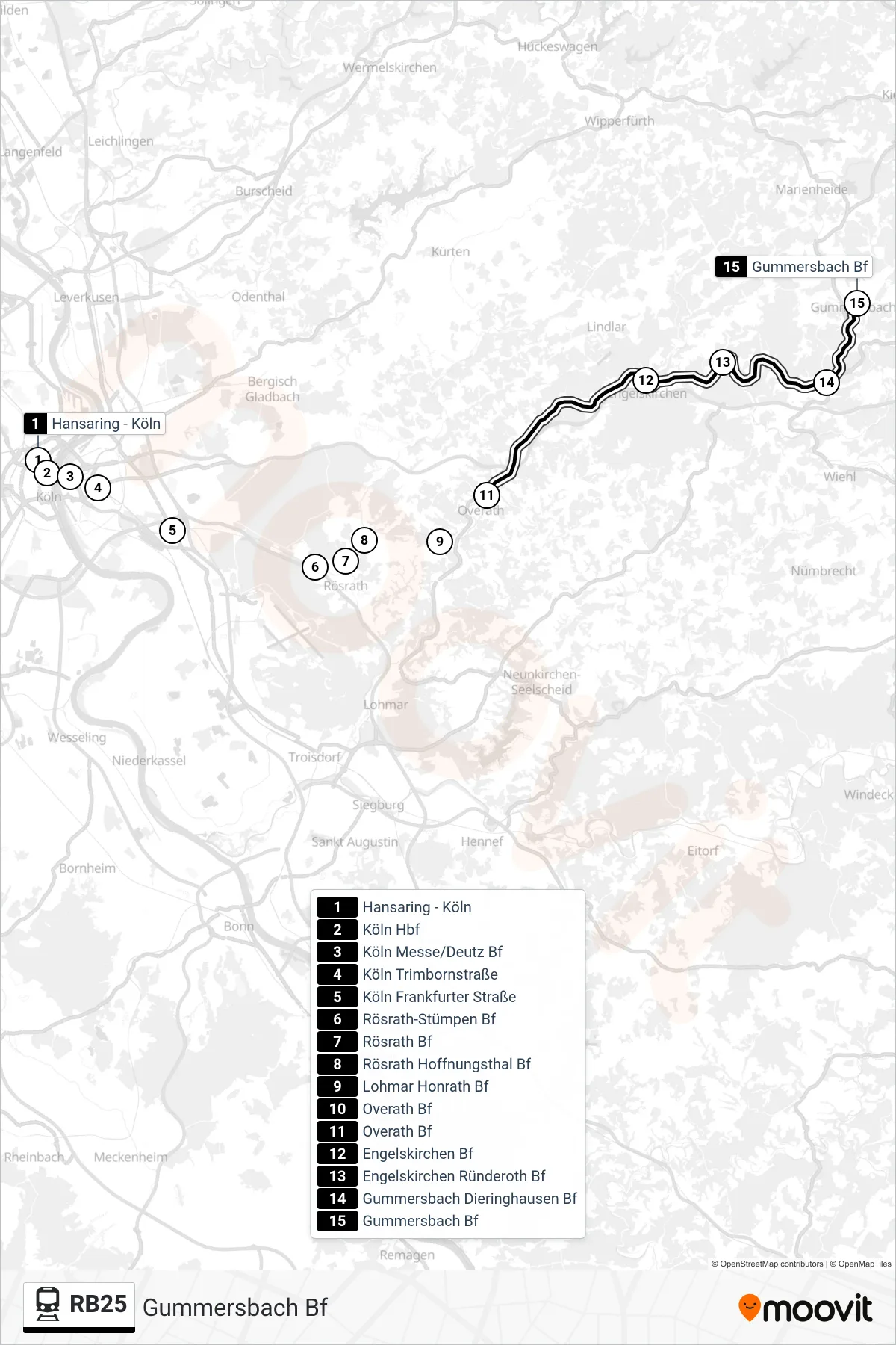RB25 rail Line (Gummersbach Bf) route and stops on a map