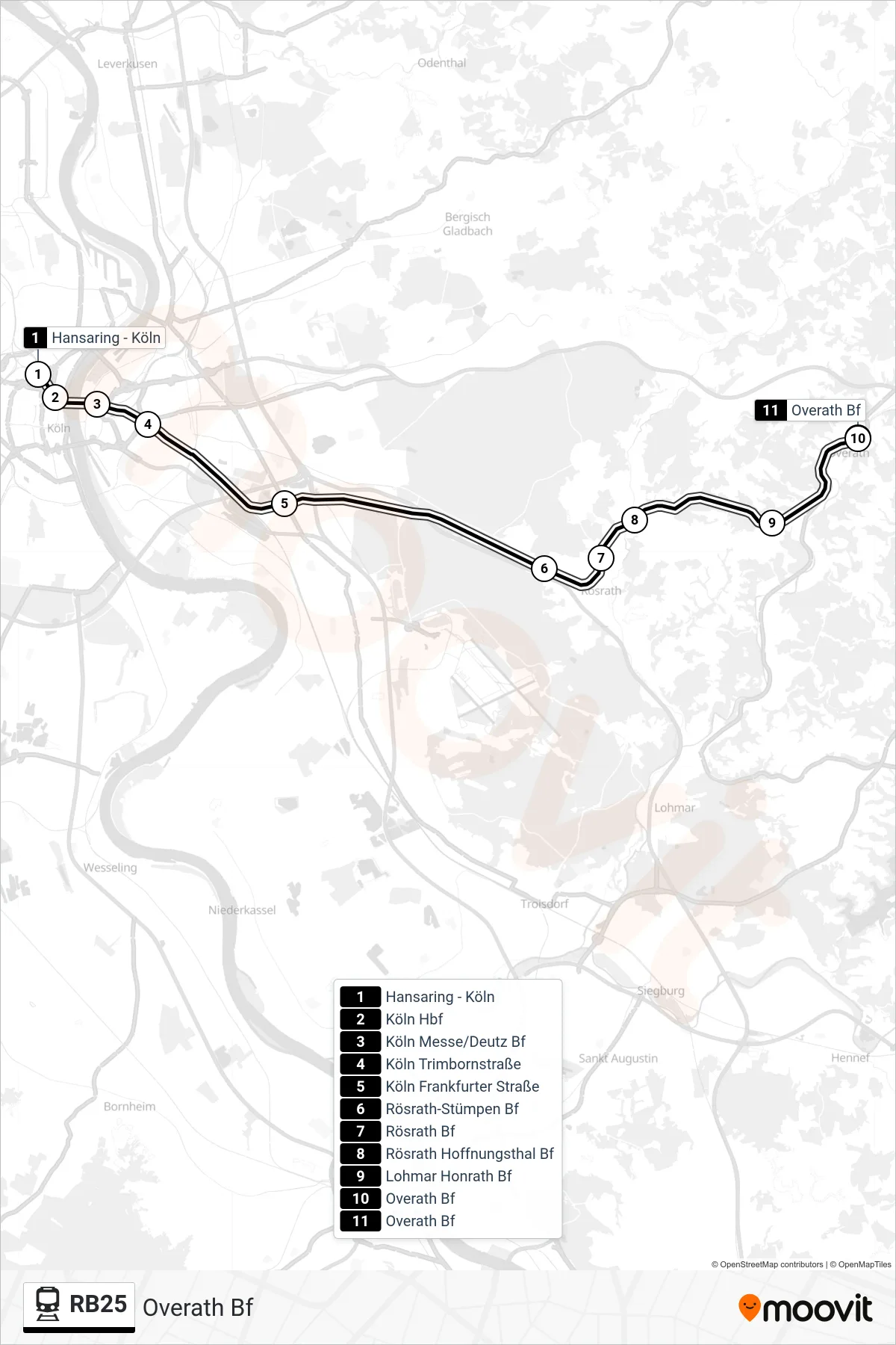 Linie RB25 (Bahn) Richtung Overath Bf: Route und Haltestellen auf der Karte