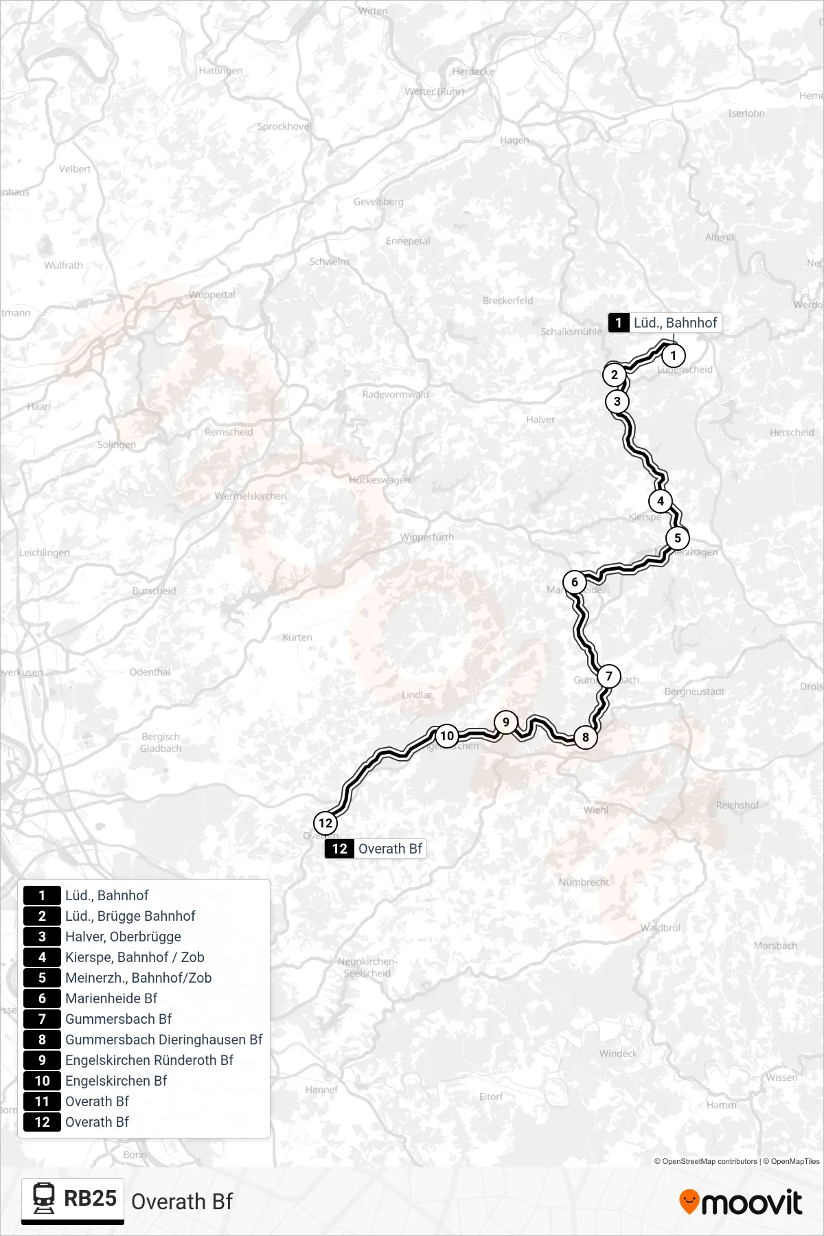Linie RB25 (Bahn) Richtung Overath Bf: Route und Haltestellen auf der Karte