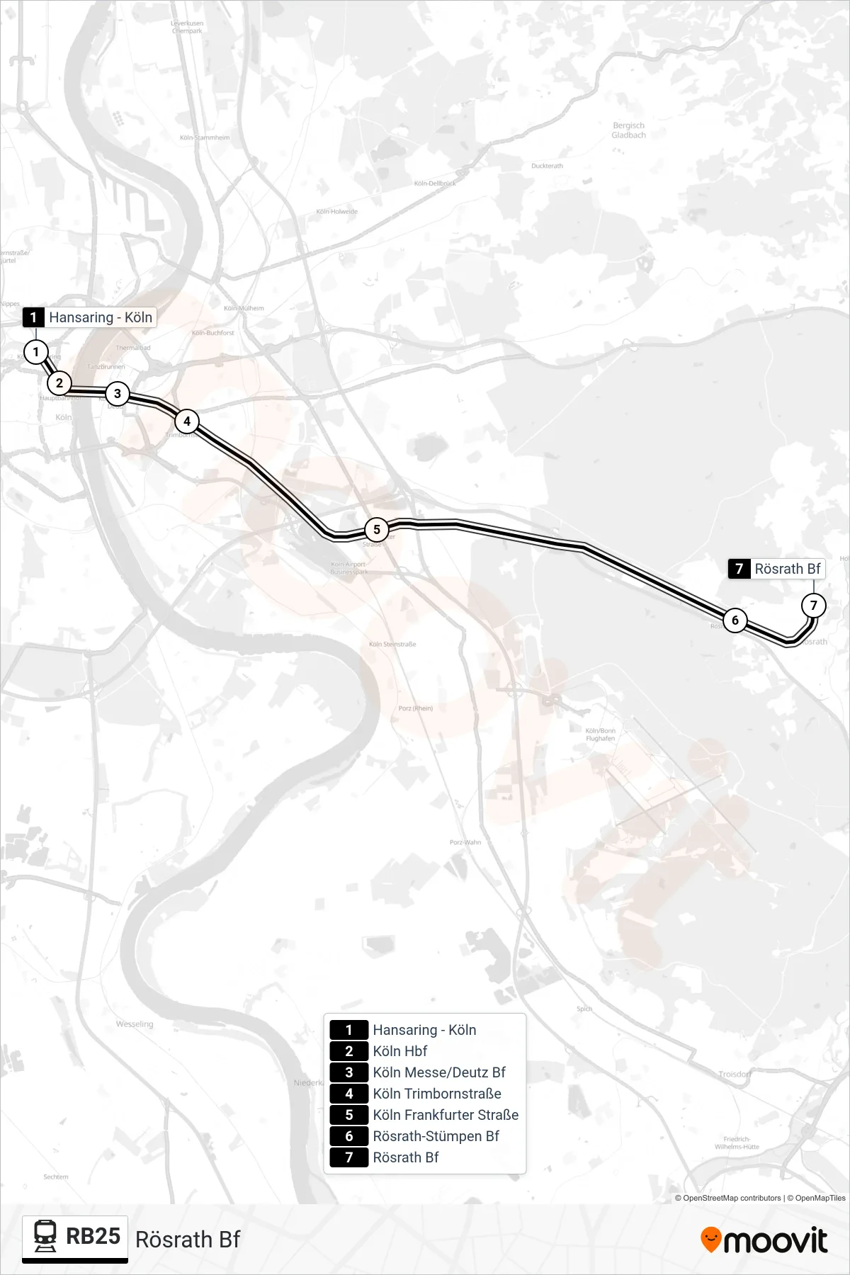 Linie RB25 (Bahn) Richtung Rösrath Bf: Route und Haltestellen auf der Karte