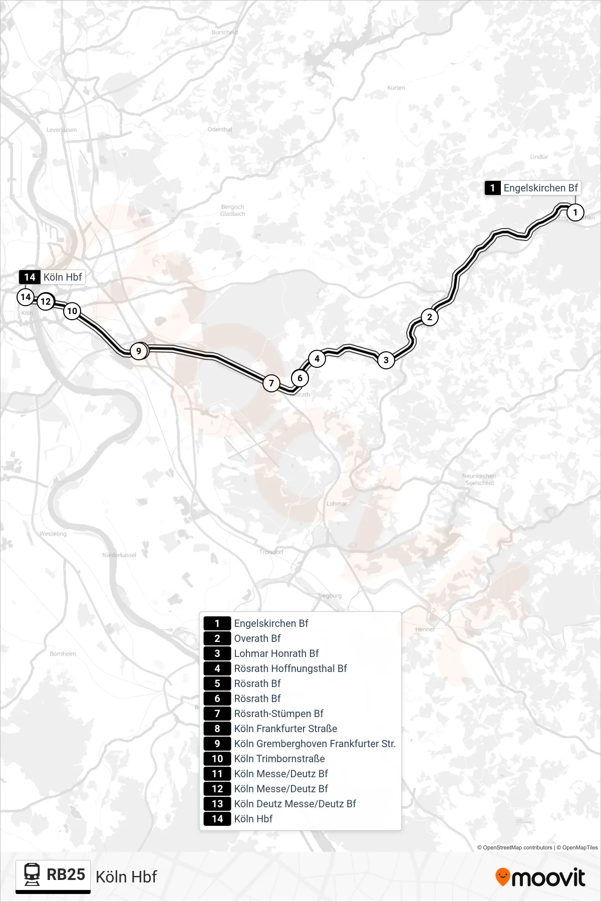 RB25 rail Line (Köln Hbf) route and stops on a map