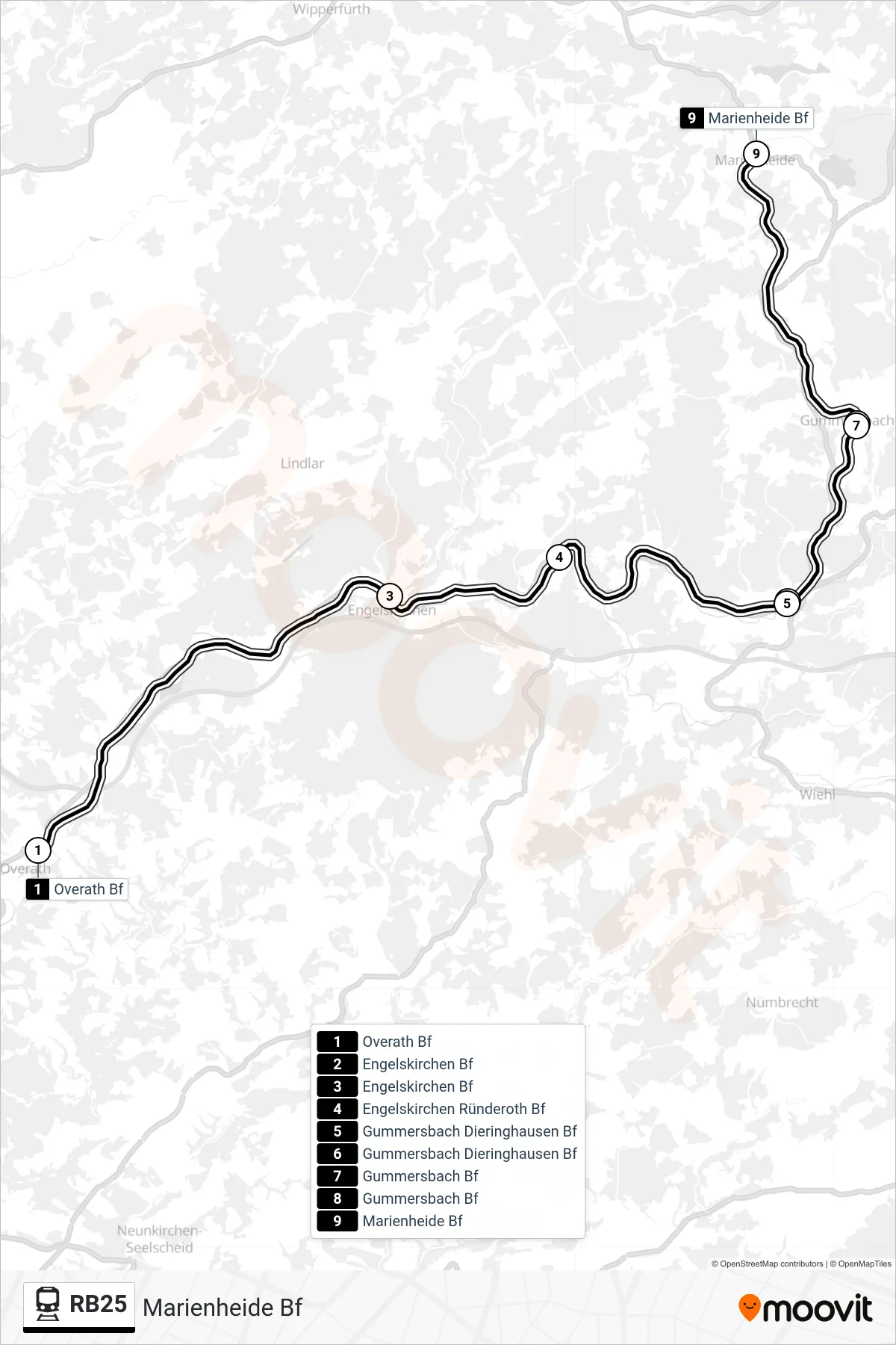 RB25 train Line (Marienheide Bf) route and stops on a map