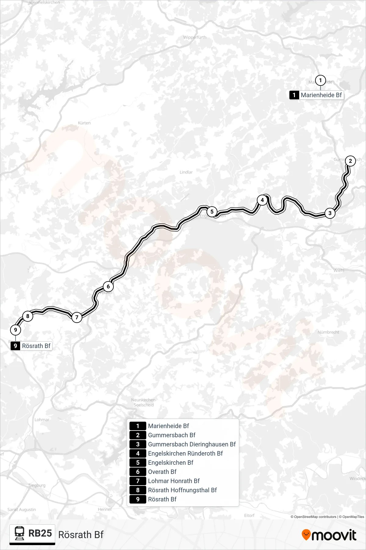 Linie RB25 (Bahn) Richtung Rösrath Bf: Route und Haltestellen auf der Karte