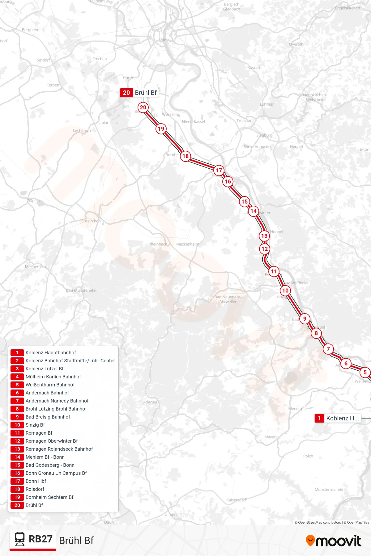 Linie RB27 (Bahn) Richtung Brühl Bf: Route und Haltestellen auf der Karte