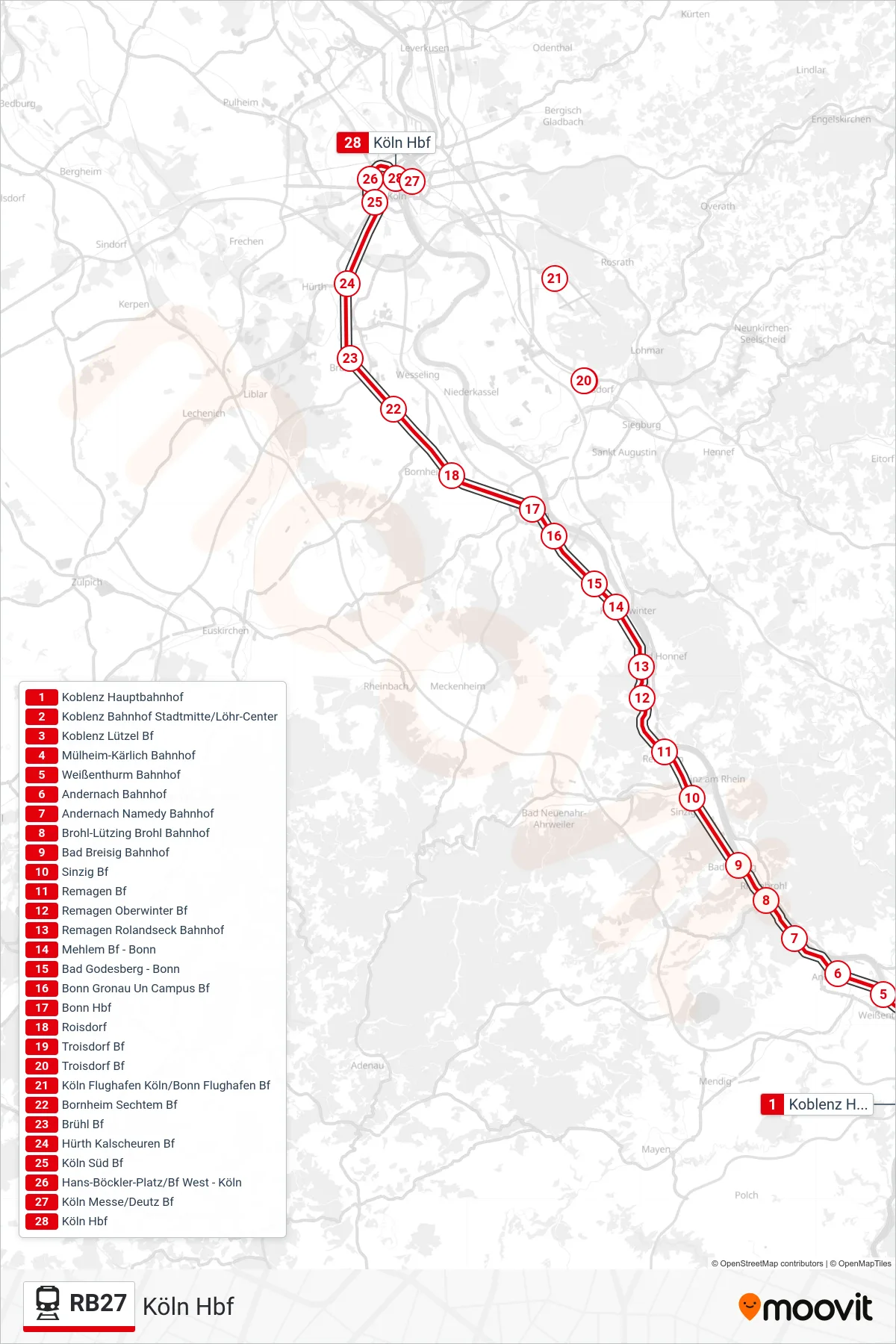 Linie RB27 (Bahn) Richtung Köln Hbf: Route und Haltestellen auf der Karte