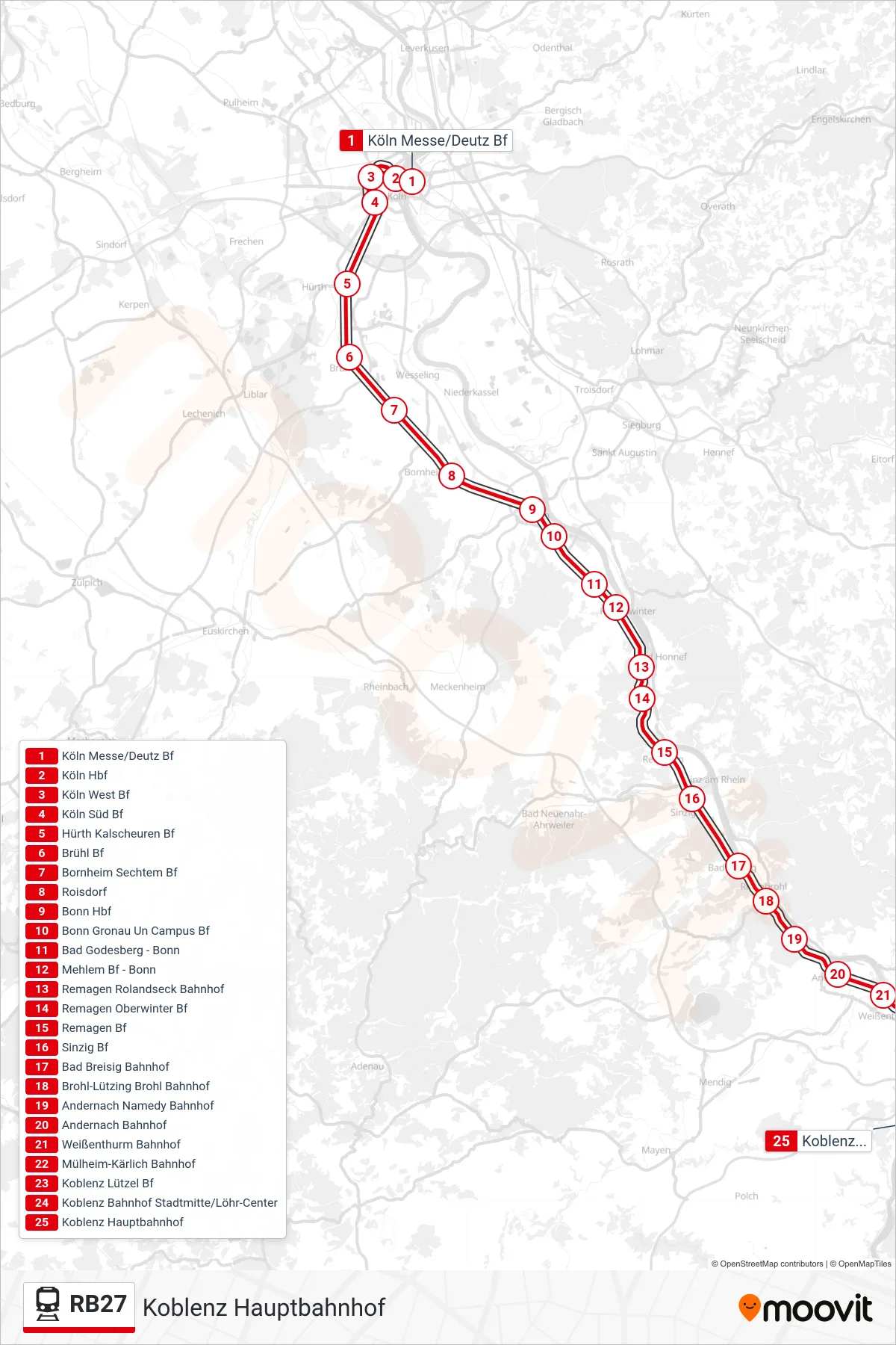 Linie RB27 (Bahn) Richtung Koblenz Hauptbahnhof: Route und Haltestellen auf der Karte