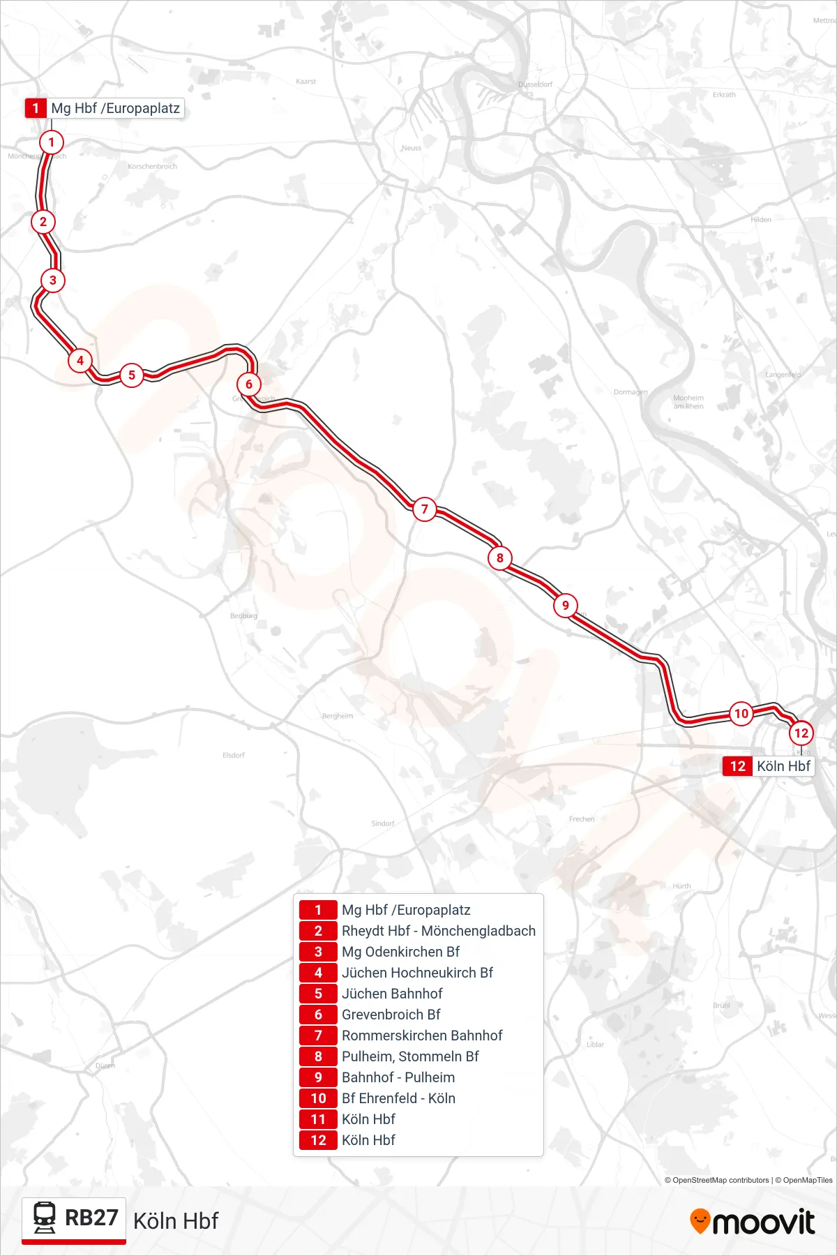 RB27 train Line (Köln Hbf) route and stops on a map