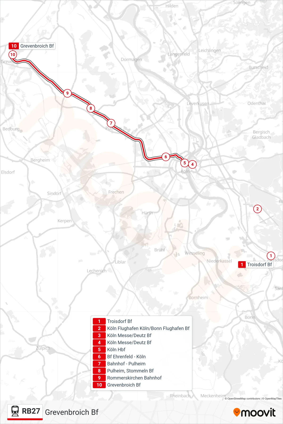 RB27 train Line (Grevenbroich Bf) route and stops on a map