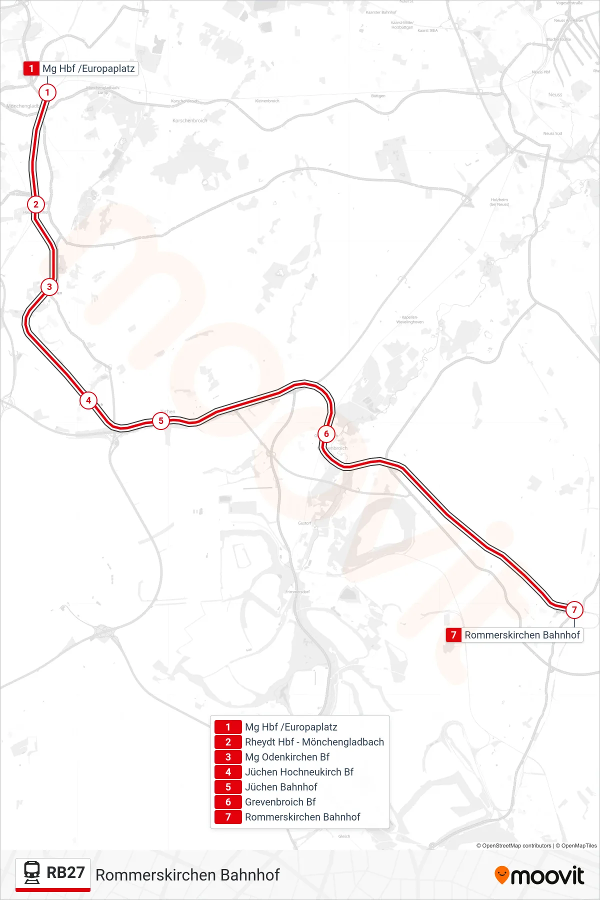 RB27 train Line (Rommerskirchen Bahnhof) route and stops on a map