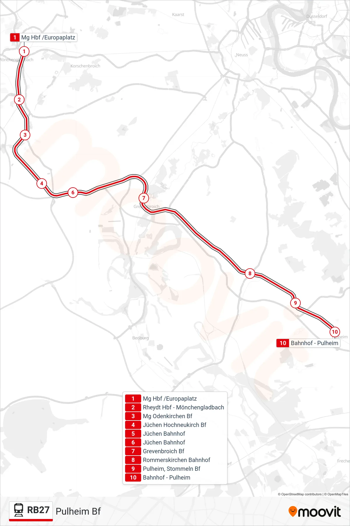 RB27 train Line (Pulheim Bf) route and stops on a map