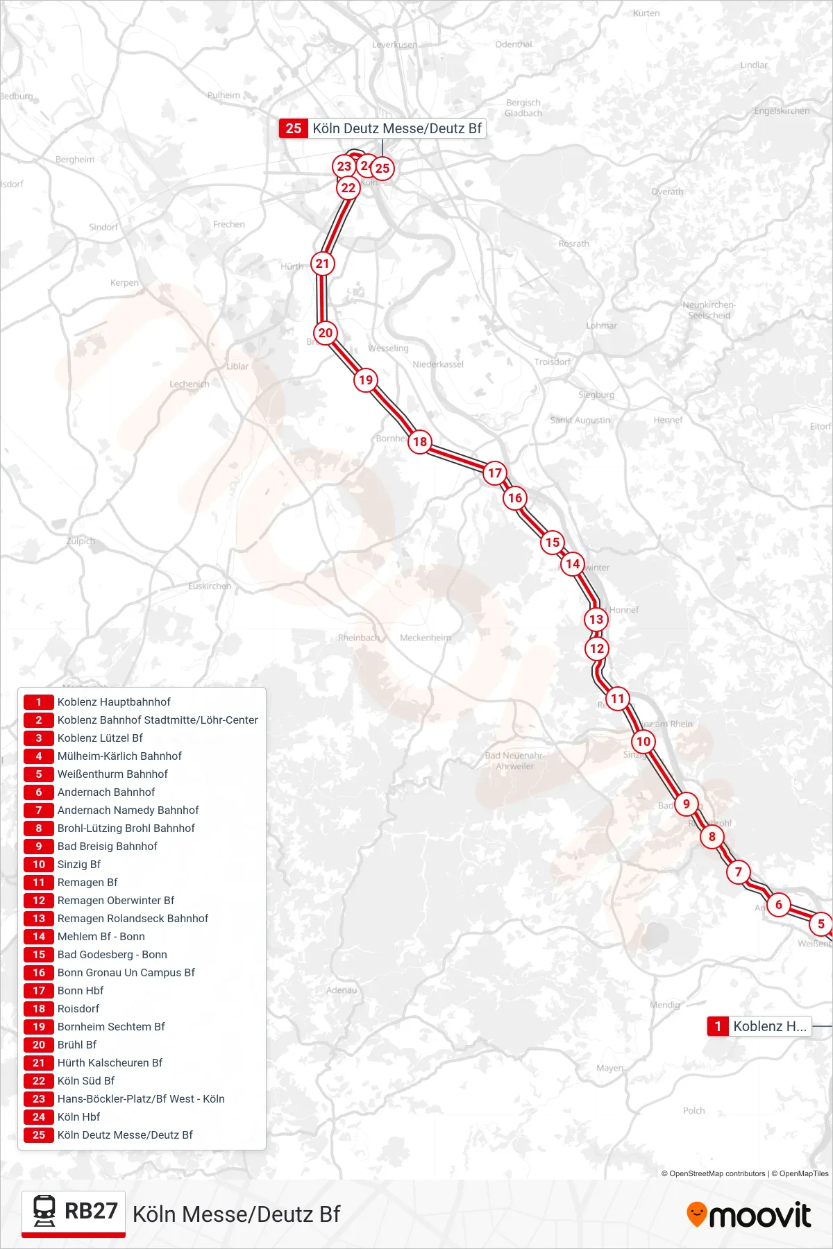 RB27 train Line (Köln Messe/Deutz Bf) route and stops on a map