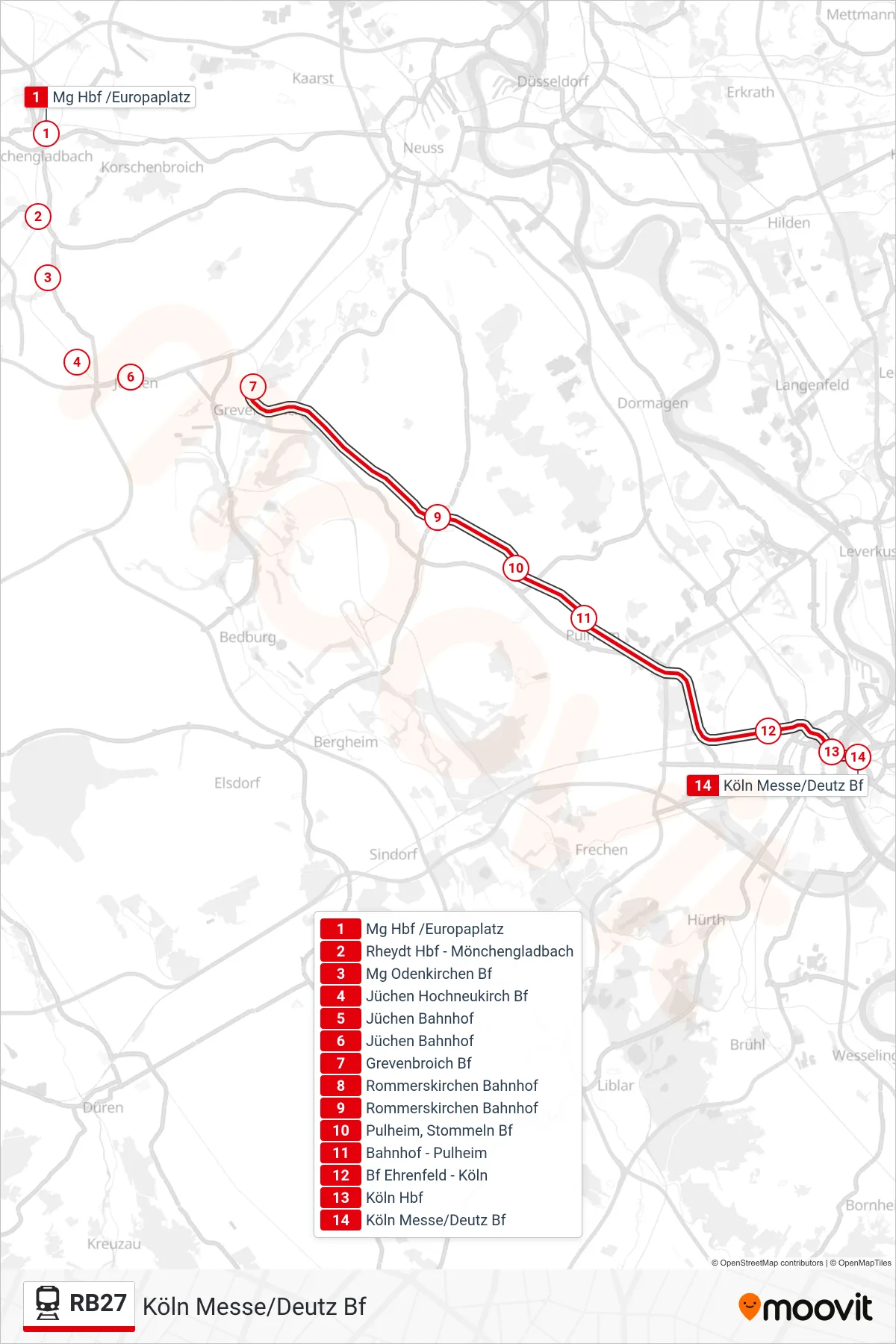 Linie RB27 (Bahn) Richtung Köln Messe/Deutz Bf: Route und Haltestellen auf der Karte
